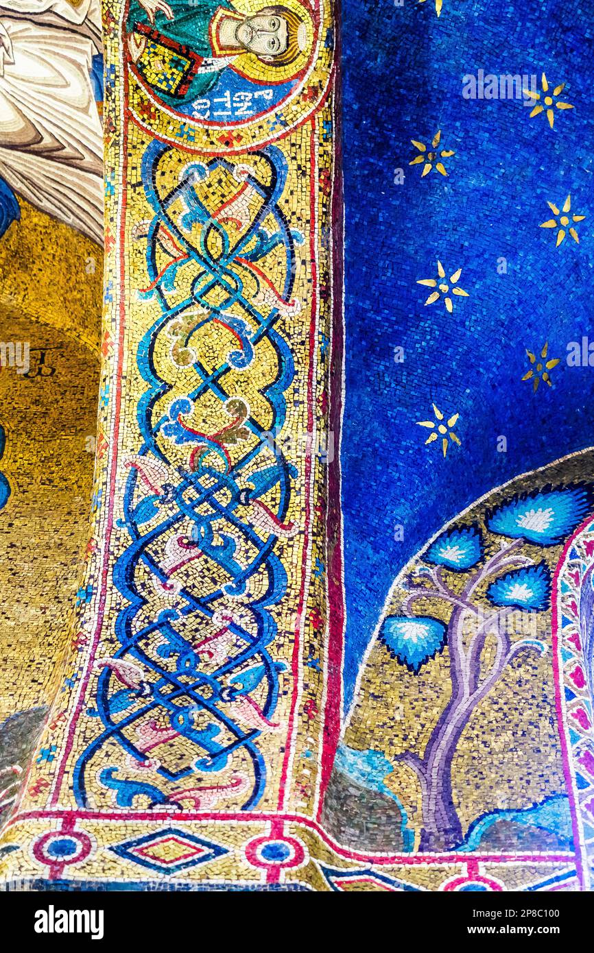 Decorative 12th century Byzantine mosaic in the Church of Santa Maria dell'Ammiraglio - Palermo, Sicily, Italy Stock Photo