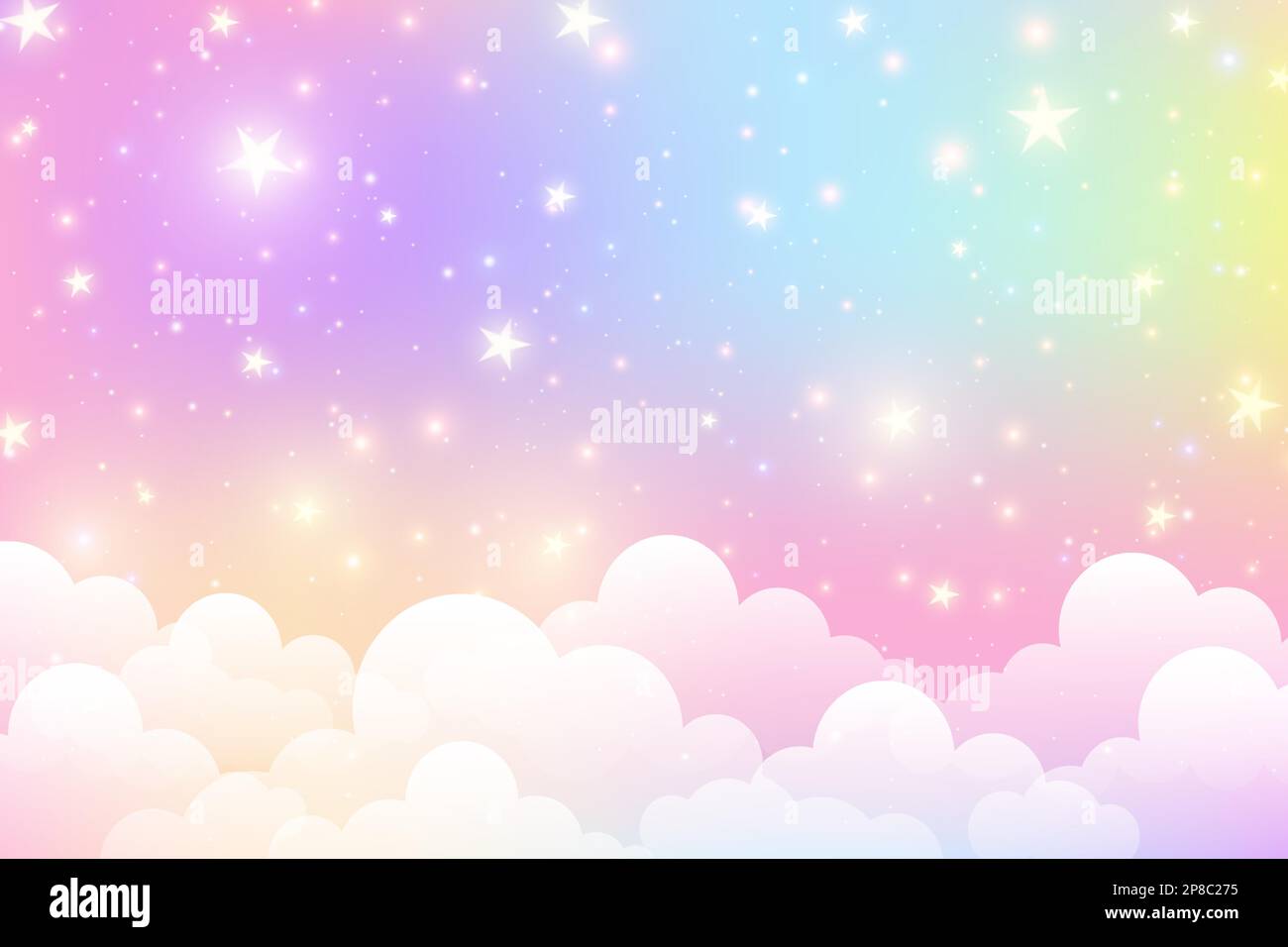 Cloudy sky background. Unicorn fantasy pastel galaxy. Rainbow cute wallpaper. Fluffy magic pink landscape. Vector illustration Stock Vector