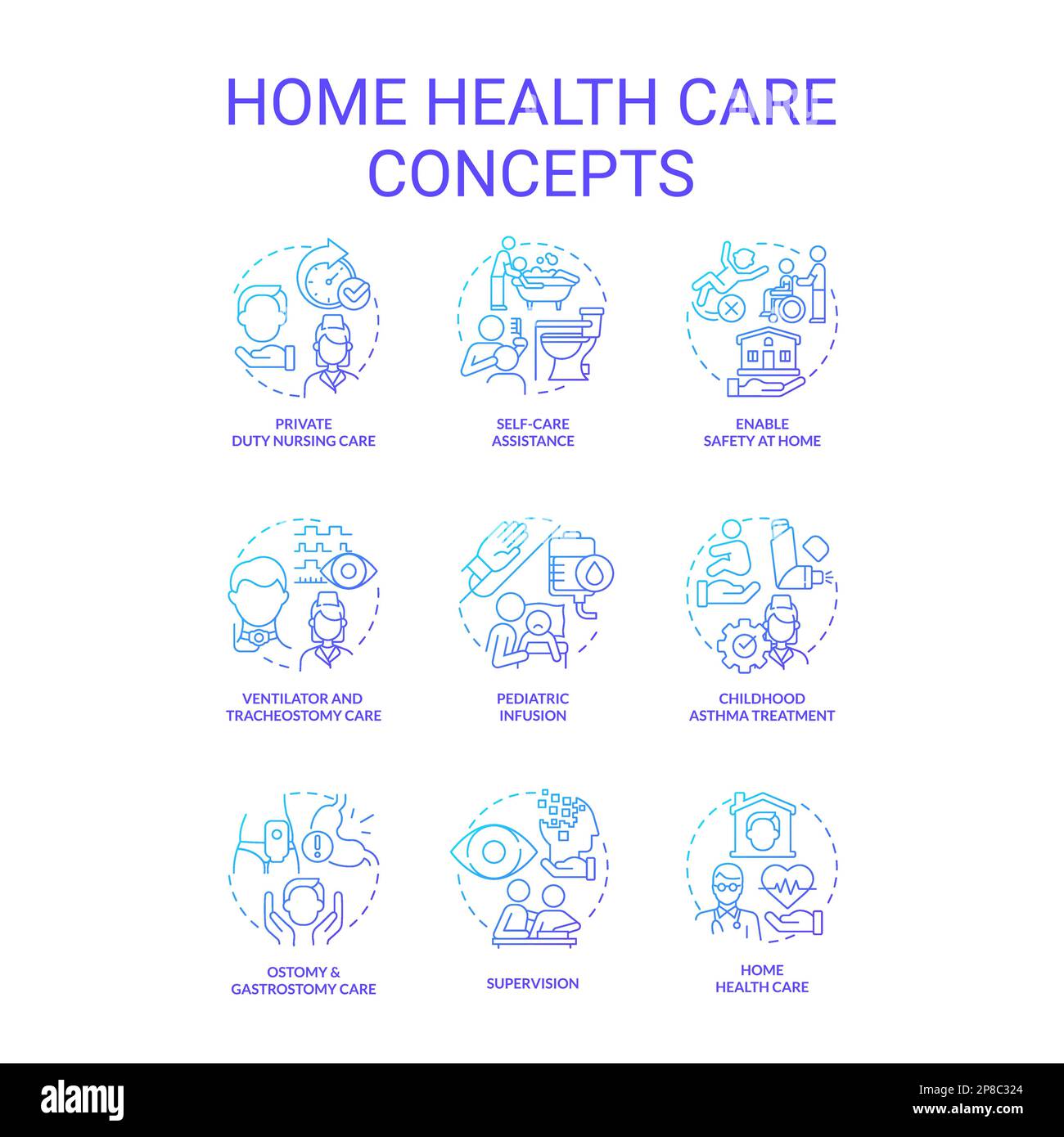 Home health care blue gradient concept icons set Stock Vector