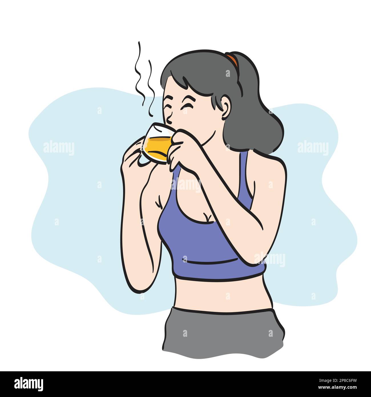 line art woman in sportwear drinking hot tea illustration vector hand
