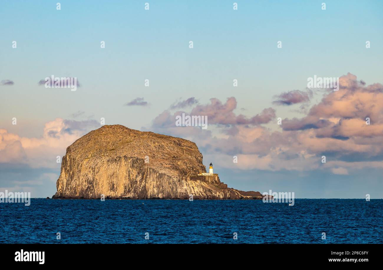 Bass Rock island at sunset with pink clouds across the Firth of Forth, Scotland, UK Stock Photo
