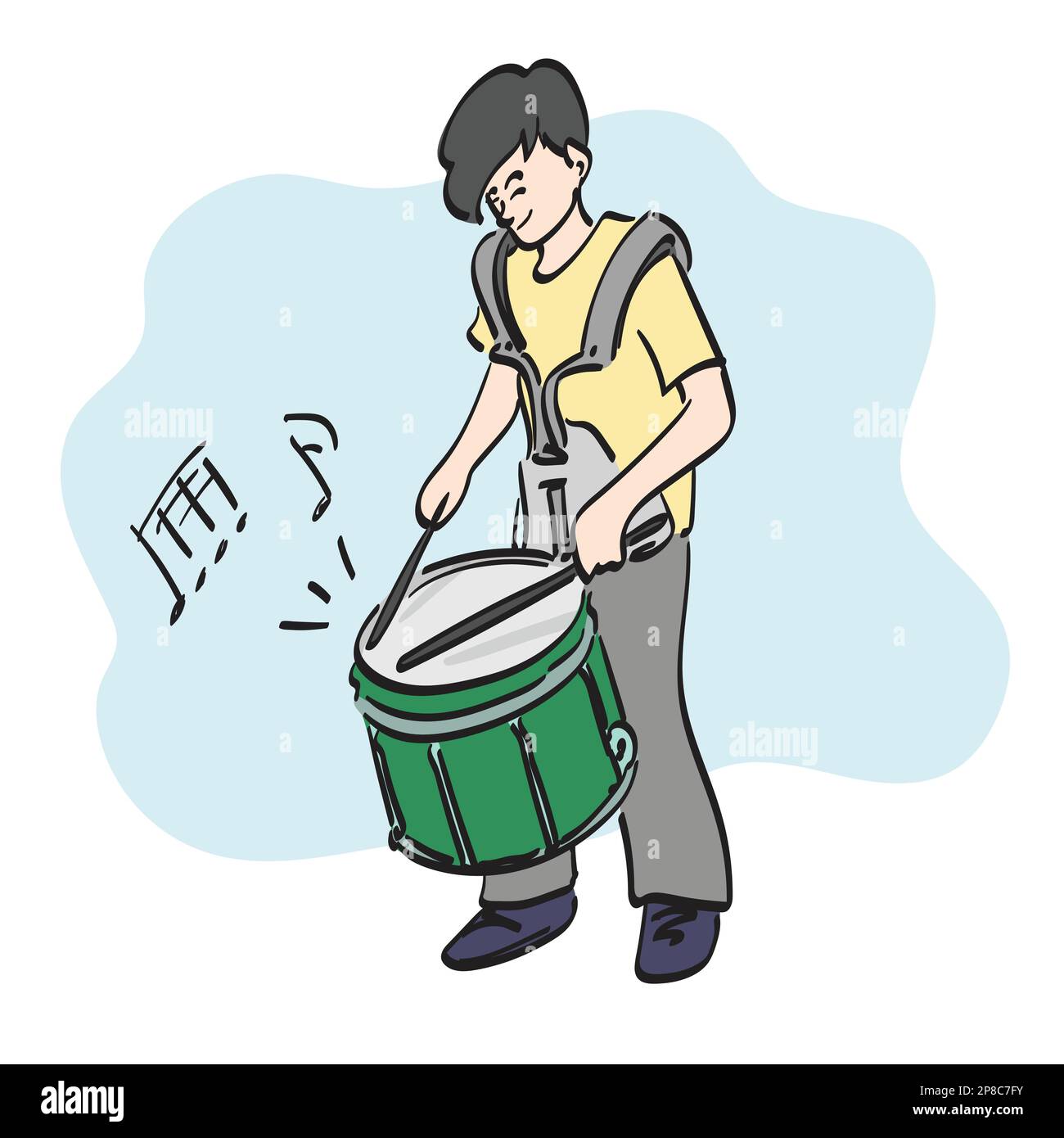 line art boy playing marching snare illustration vector hand drawn isolated on white background Stock Vector