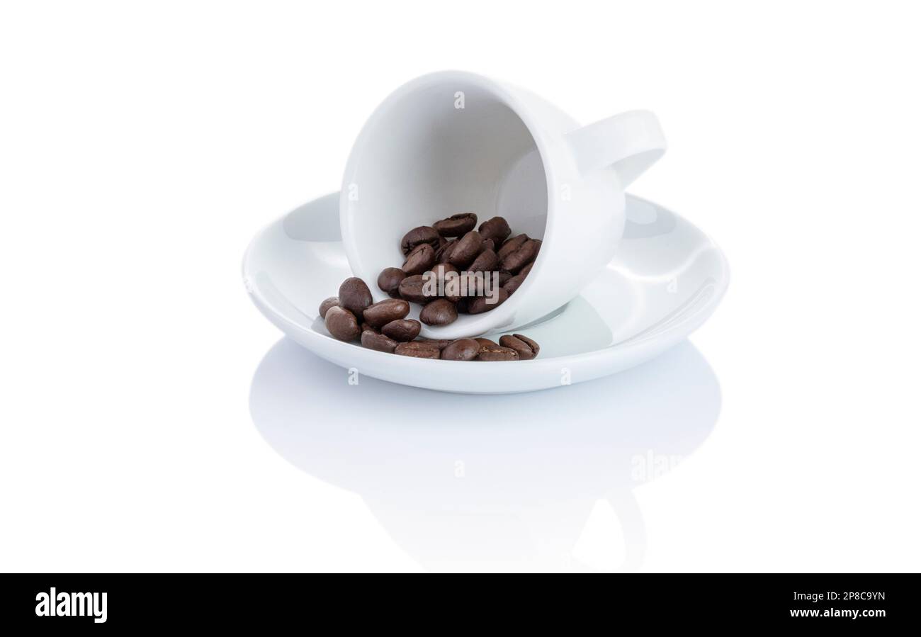 Coffee cup with roasted beans on white background with reflection Stock Photo