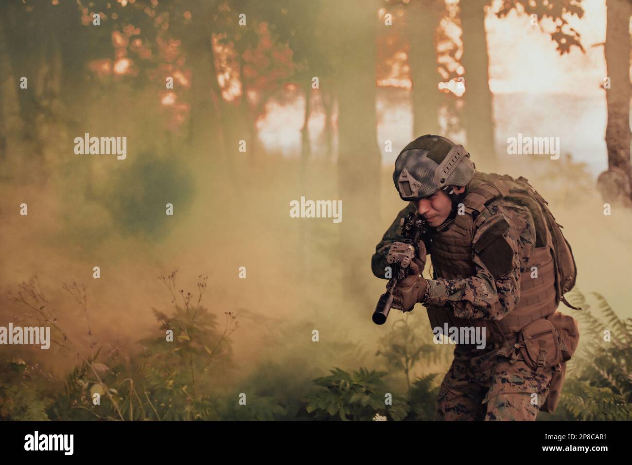 A modern warfare soldier on war duty in dense and dangerous forest ...