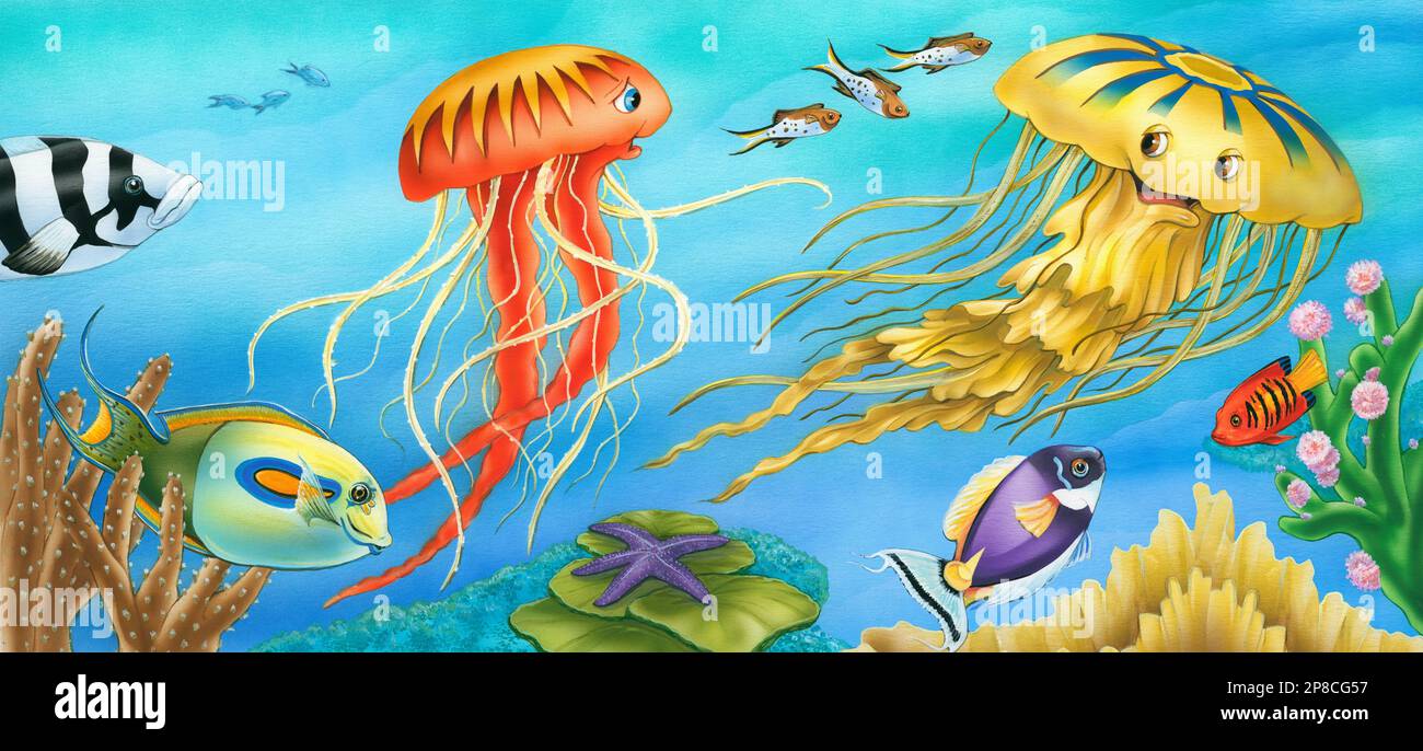 Animals-sea creatures fish jellyfish characters Stock Photo