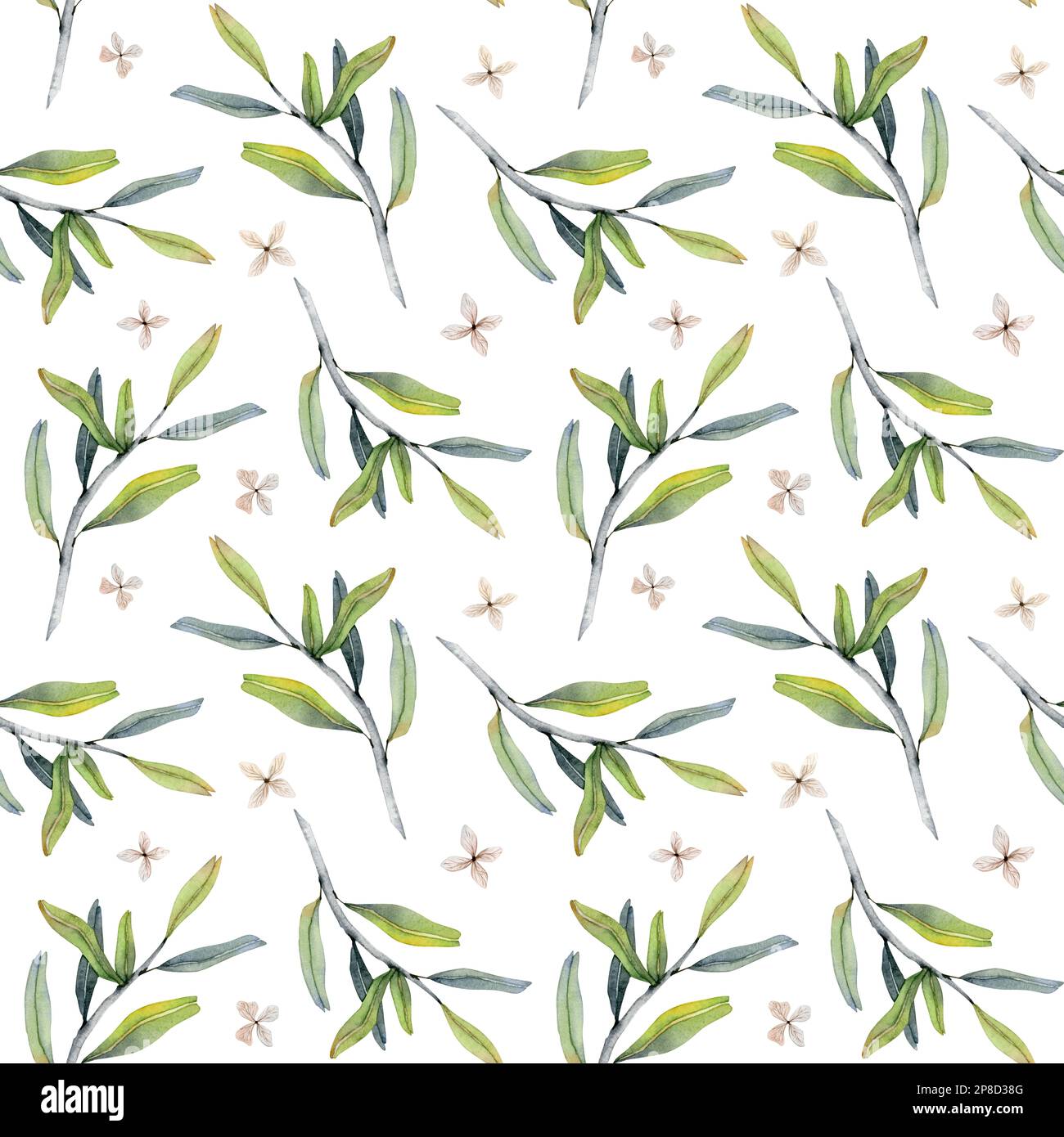 Seamless watercolor olive branches and flowers pattern in green gray ...