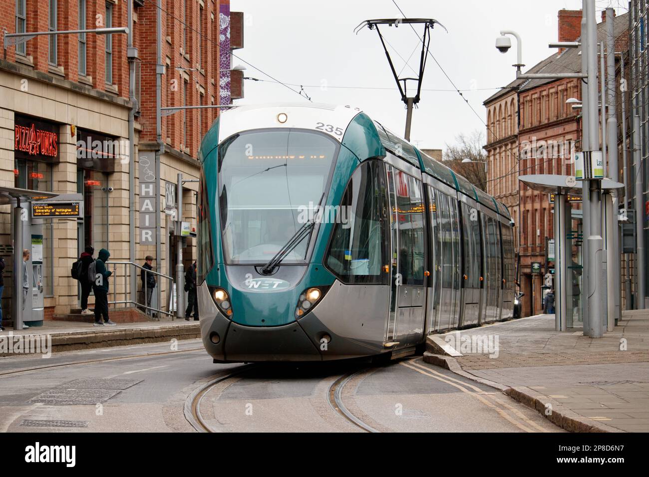The Nottingham tram that takes the route from Clifton South to Pheonix Park. Trams in Nottingham started in 2004 and the system has been added to over recent years to incorporate Park and Ride schemes. This route goes from the outskirts of the city (near the exit from the M1 motorway) into the centre. Pictured the tram making it's way up Victoria Street in the City Centre. Stock Photo