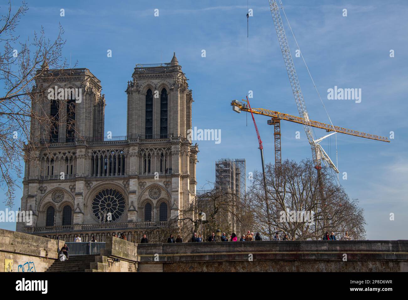 Exterior Photo of the front of Notre Dame Cathedral following the fire of 2019. Stock Photo