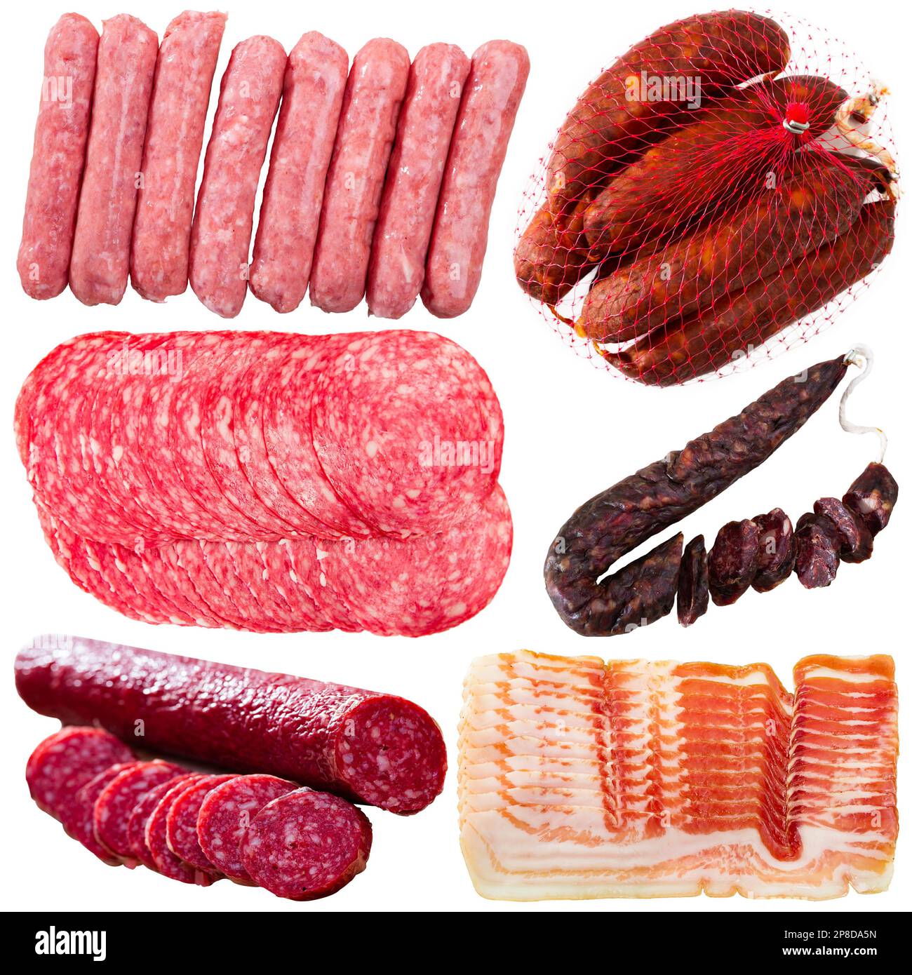 Collage of sausages and deli meats isolated on white Stock Photo Alamy
