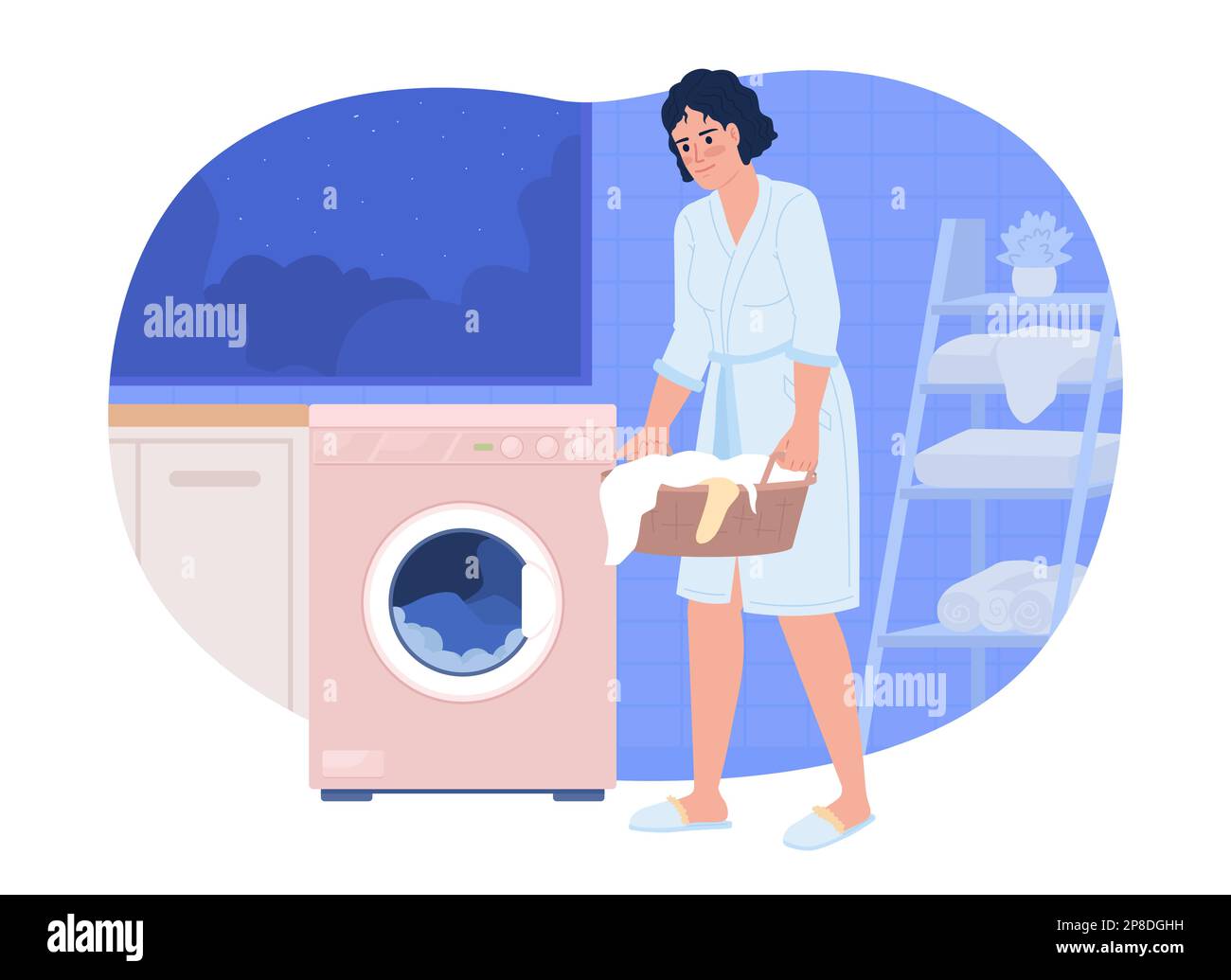 Washing clothes at night 2D vector isolated spot illustration Stock