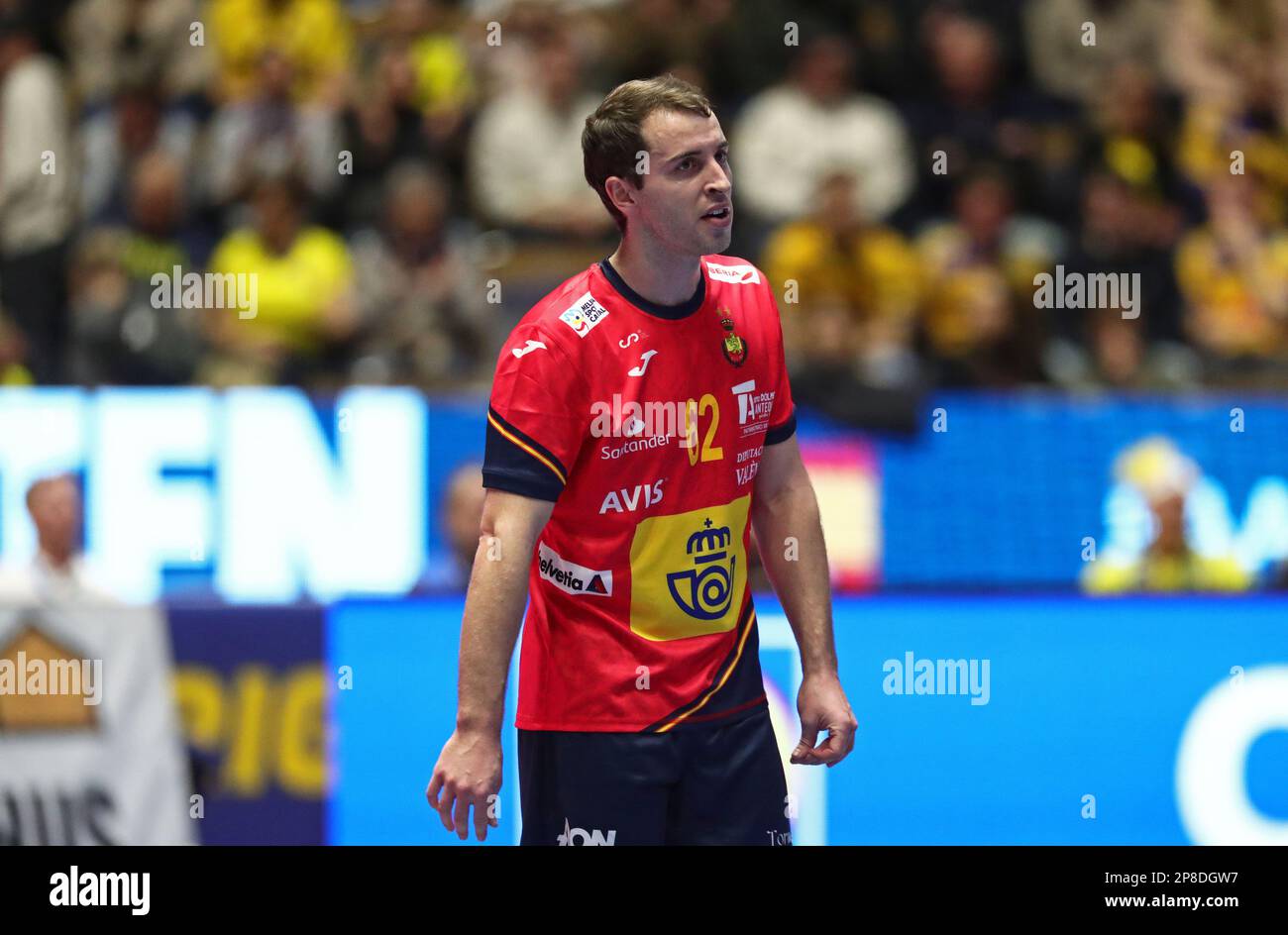 Spains No. 62 Kauldi Odriozola Yeregui in the international handball match in the EHF European Cup between Sweden vs. Spain, Saab arena, Linkšping, Sweden. Stock Photo