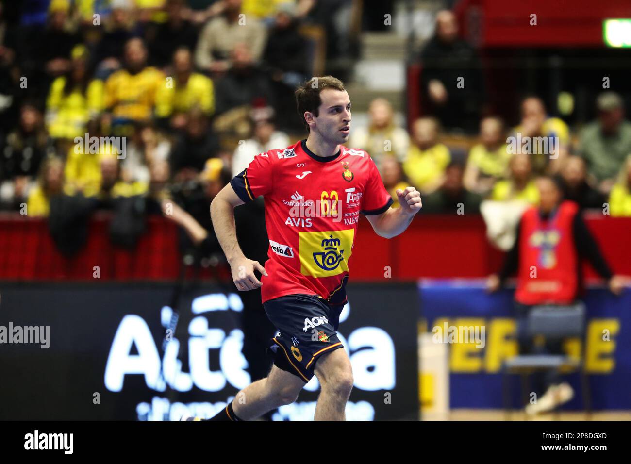 Spains No. 62 Kauldi Odriozola Yeregui in the international handball match in the EHF European Cup between Sweden vs. Spain, Saab arena, Linkšping, Sweden. Stock Photo