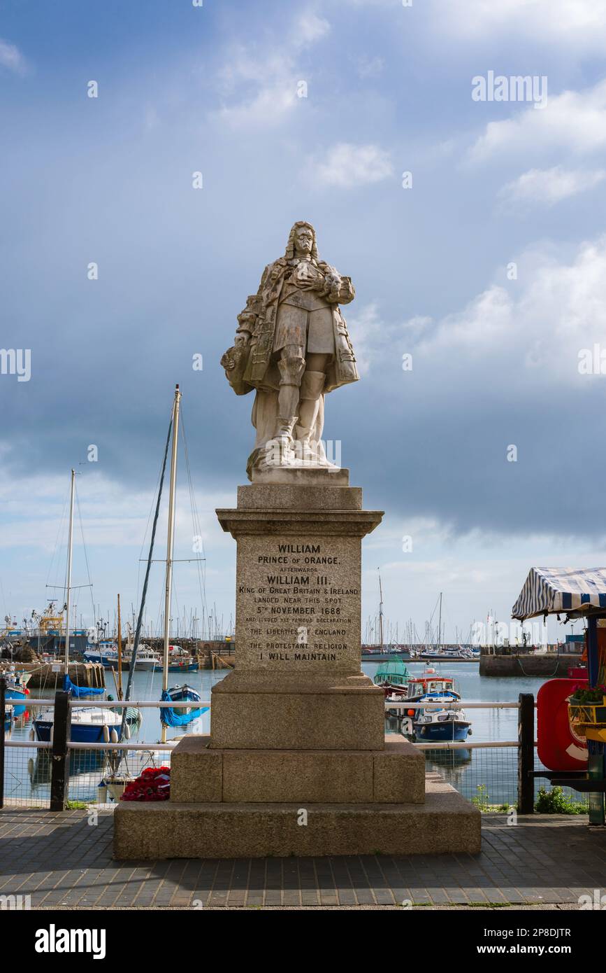 King William lll, view of the statue of King William lll sited on the quayside in the coastal fishing town of Brixham, Devon UK Stock Photo