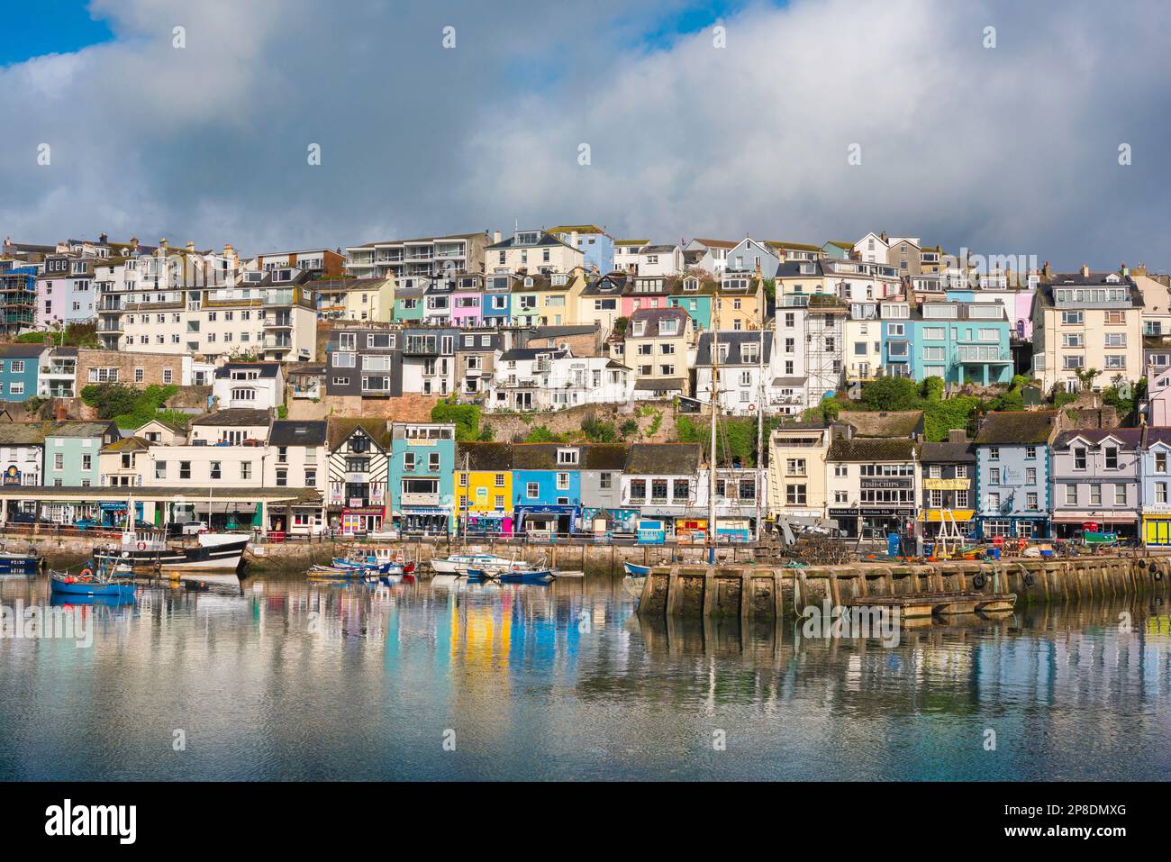 Brixham Devon, view of colourful waterfront property in the harbour at Brixham, Torbay, Devon, south west England, UK Stock Photo