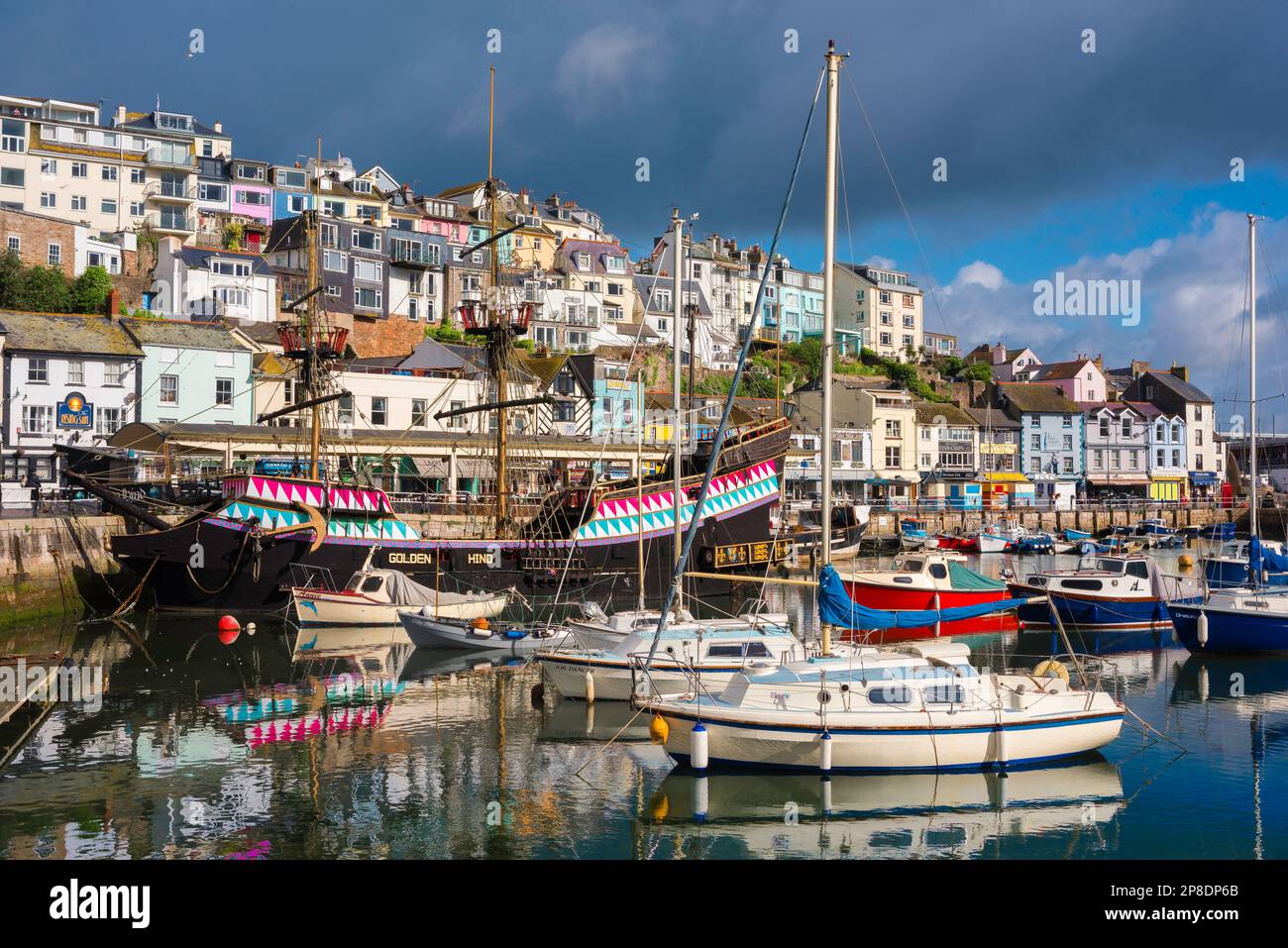 Brixham Devon UK, view of yachts and a replica of the historic Golden Hind in the harbour at Brixham, Torbay, Devon, south west England, UK Stock Photo