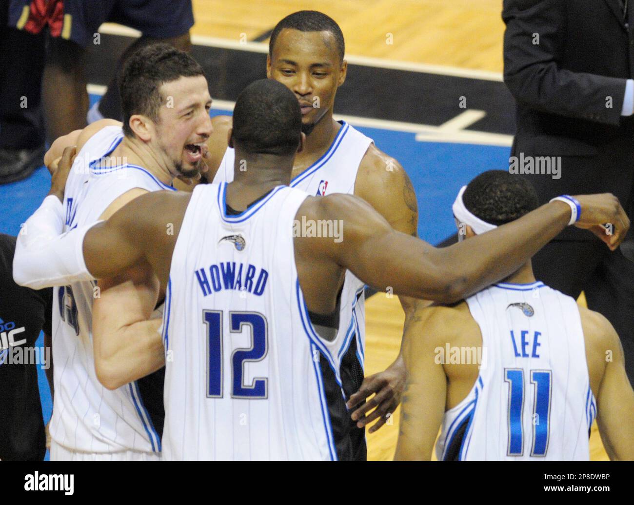 Orlando Magic forwards Hedo Turkoglu (15) and Rashard Lewis (9) celebrate  in Game 3 of the NBA Eastern Conference semifinals at Amway Arena in  Orlando, Florida, on Friday, May 8, 2009. The