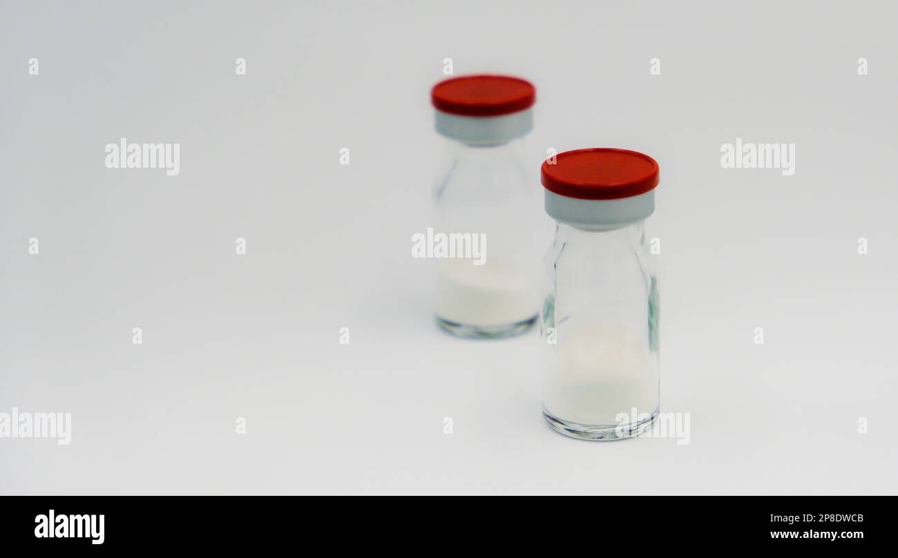 Vials of medicine in powder form, glass medical pharmaceutical sterile