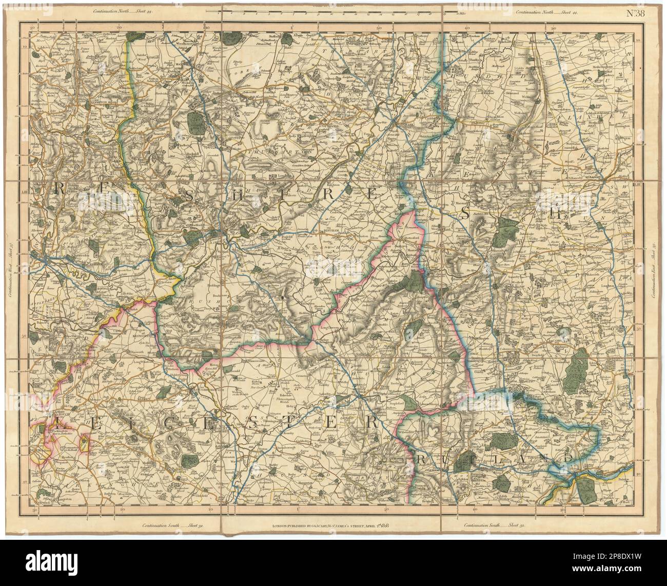 EAST MIDLANDS. Leicestershire Rutland Nottinghamshire Lincs Derbys CARY 1832 map Stock Photo