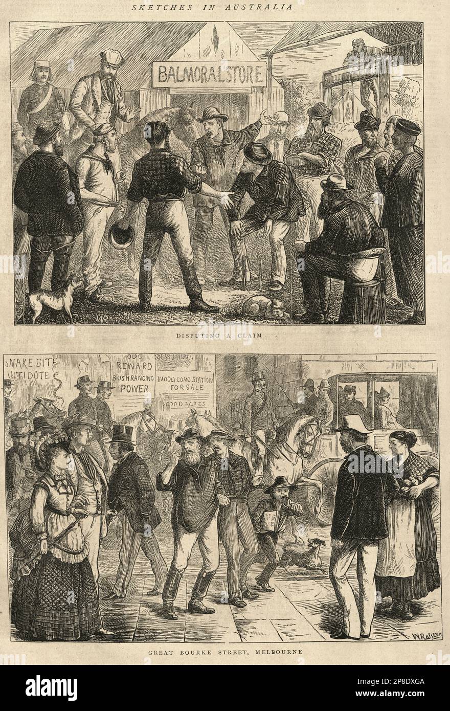 Vintage illustration Sketches from Australia, Miners disputing a gold claim, Great Bourne Street Melbourne, 1870s, 19th Century Stock Photo