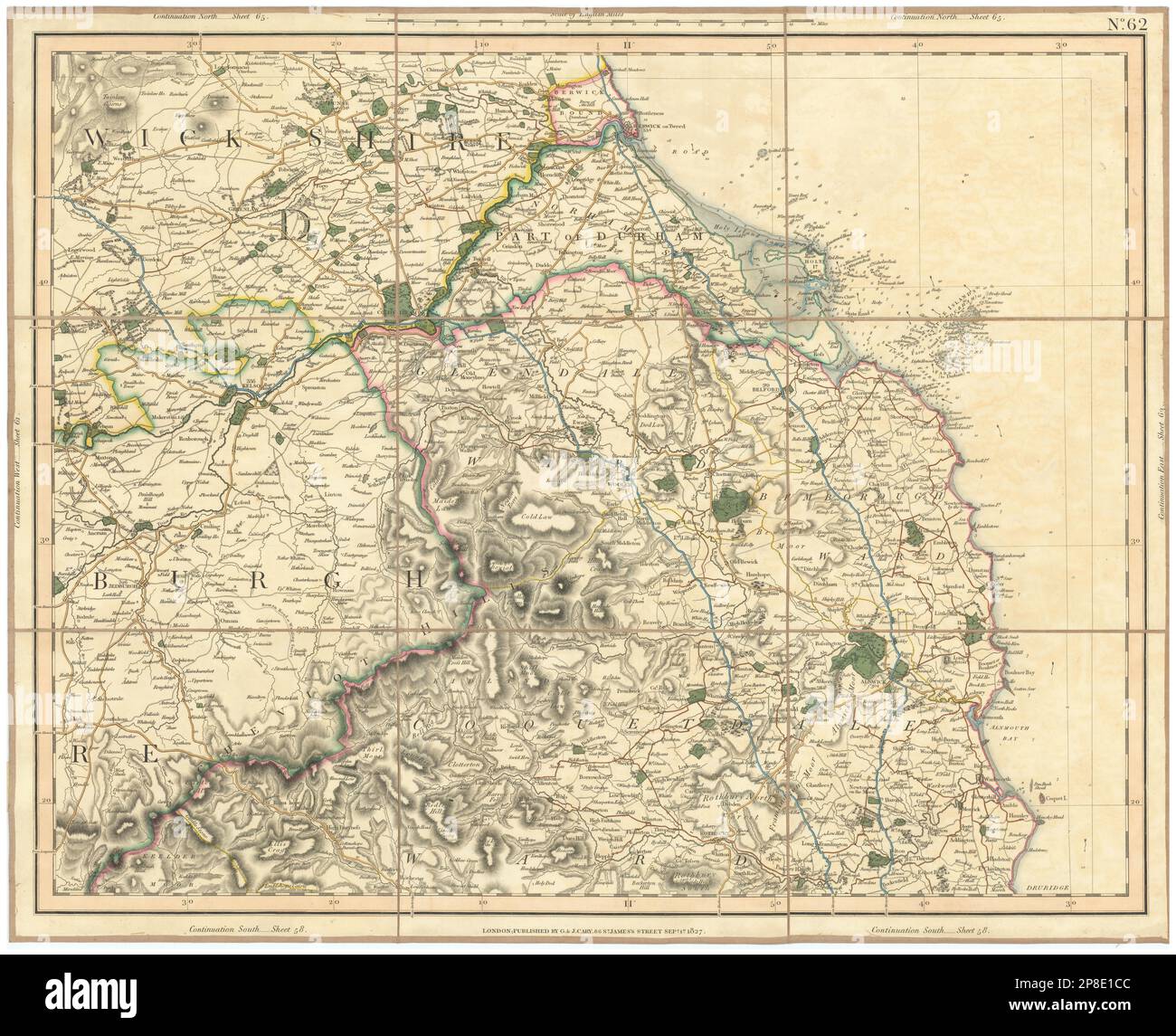 SCOTTISH BORDERS, CHEVIOT HILLS, NORTHUMBERLAND COAST Berwickshire CARY 1832 map Stock Photo