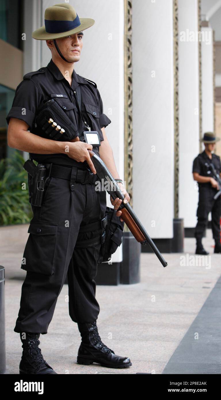 Gurkha police officers stand guard at a heavily secured venue of the  International Institute for Strategic Studies Shangri-la Dialogue, or IISS  Asia Security Summit, held from May 29-31, on Friday May 29,