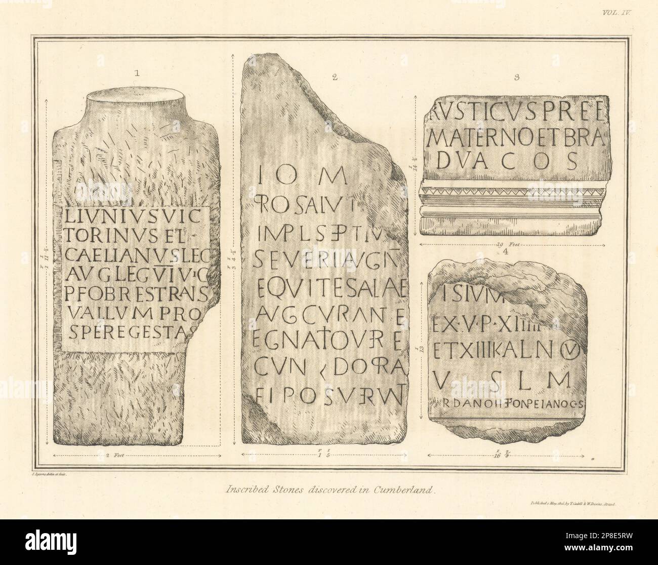Inscribed Roman stones discovered in Cumberland. Cumbria 1816 old print Stock Photo