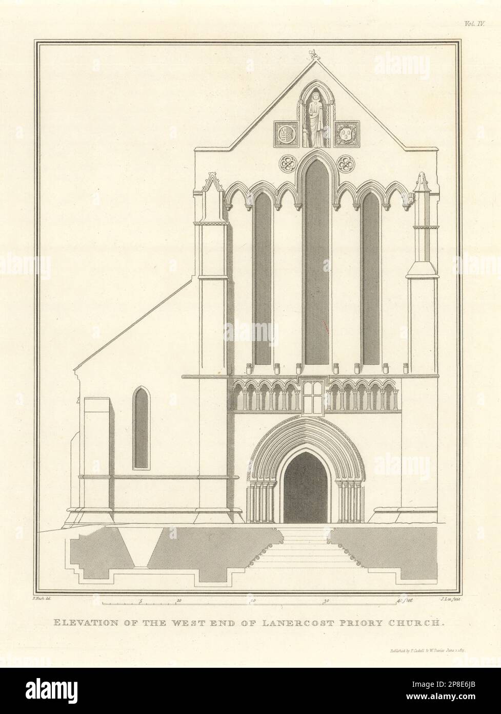 Elevation of the West End of Lanercost Priory Church, Cumbria. NASH 1816 print Stock Photo