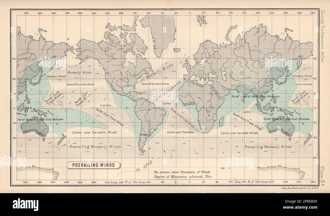 World Prevailing Winds BARTHOLOMEW - World Prevailing Winds Bartholomew 1898 Old Antique Vintage Map Plan Chart 2P8EB30  map of prevailing winds