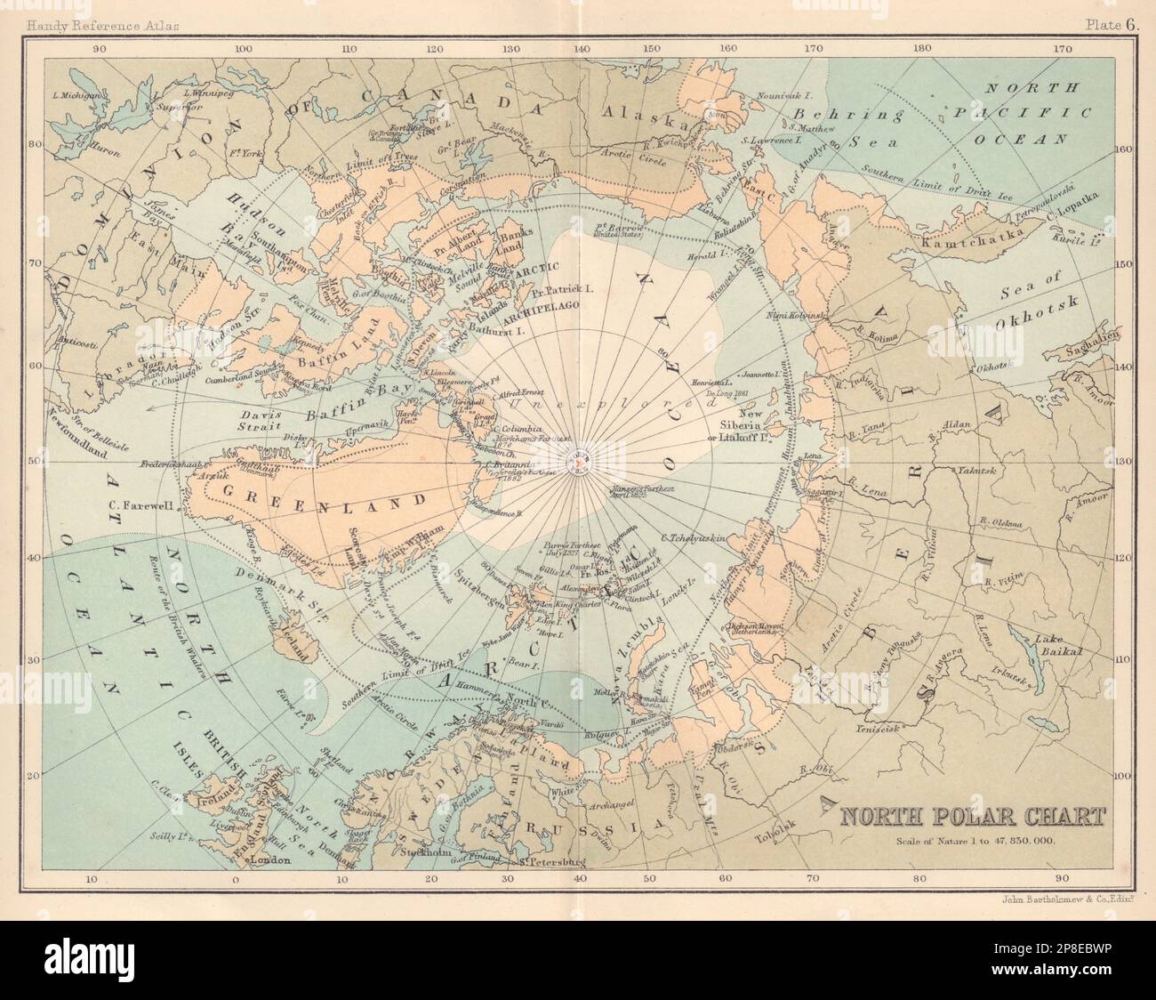 North Polar chart. Explorers' positions. Drift ice limits. Arctic 1898 old map Stock Photo