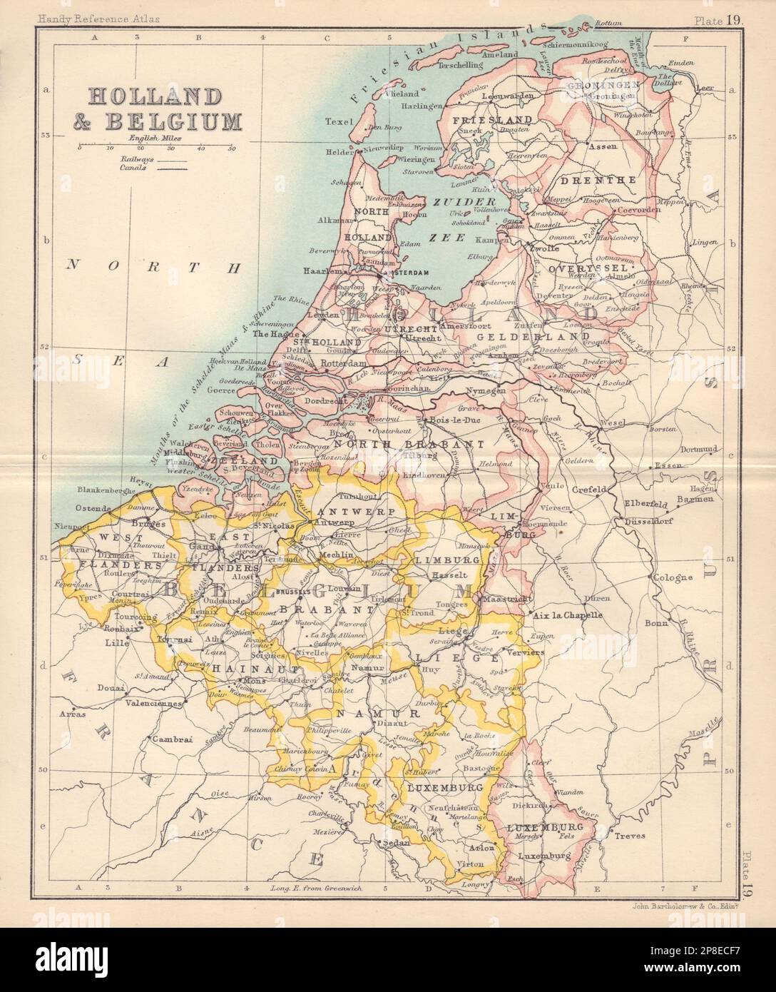 Holland and Belgium. Luxembourg. Benelux. BARTHOLOMEW 1898 old antique map Stock Photo