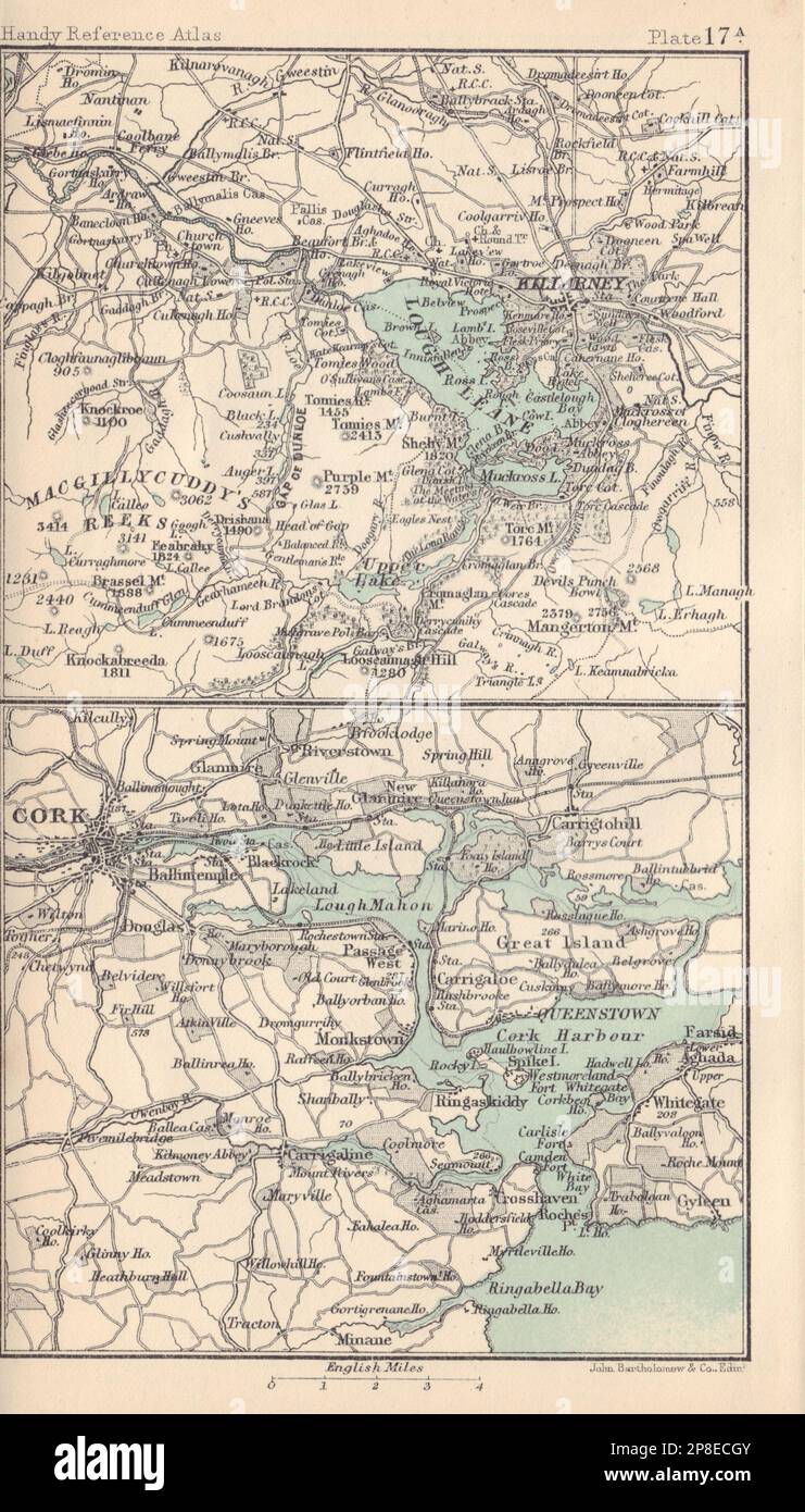 Lakes of Killarney & Cork harbour. Ireland. BARTHOLOMEW 1898 old antique map Stock Photo Alamy