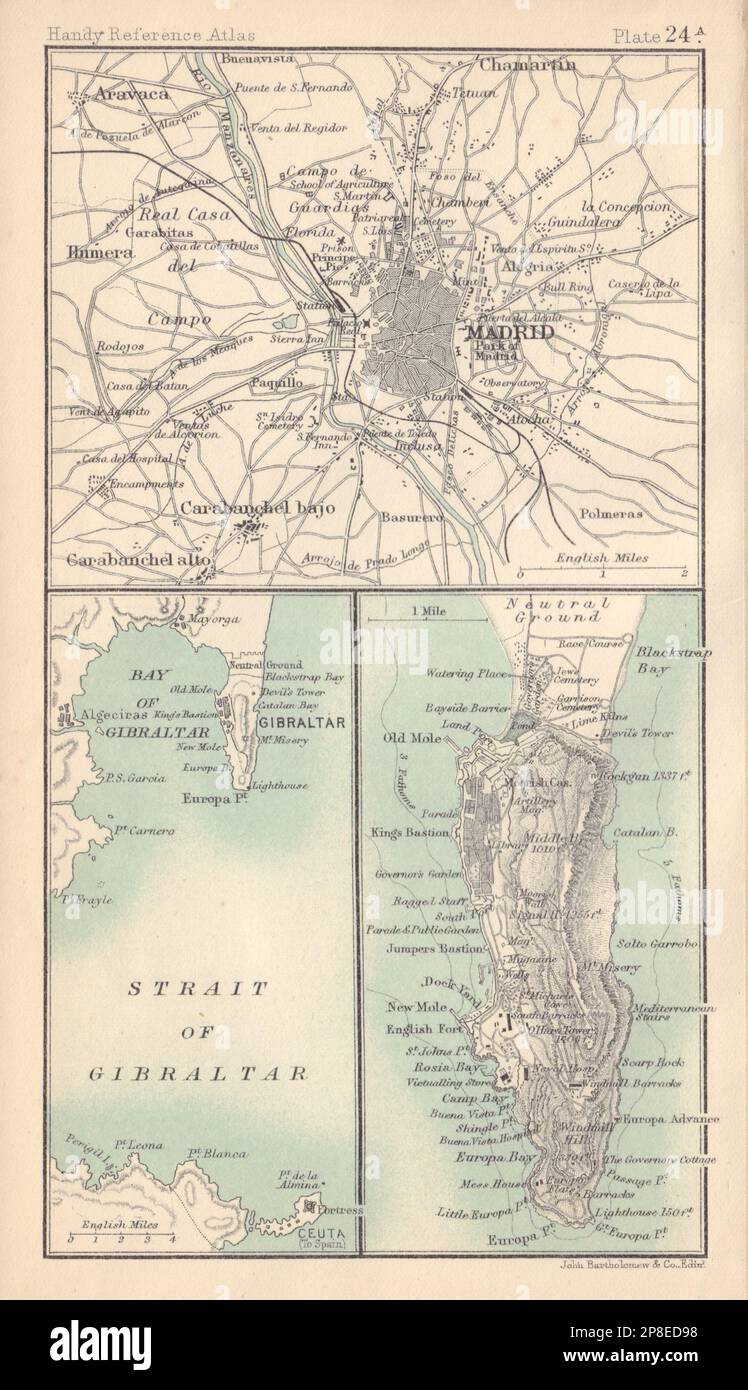 Environs of Madrid & Gibraltar. Spain. BARTHOLOMEW 1898 old antique map chart Stock Photo