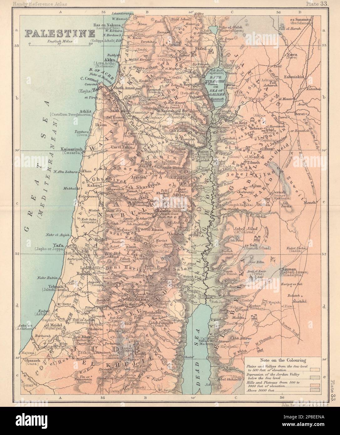 Palestine relief map. Holy Land Israel. BARTHOLOMEW 1898 old antique chart Stock Photo