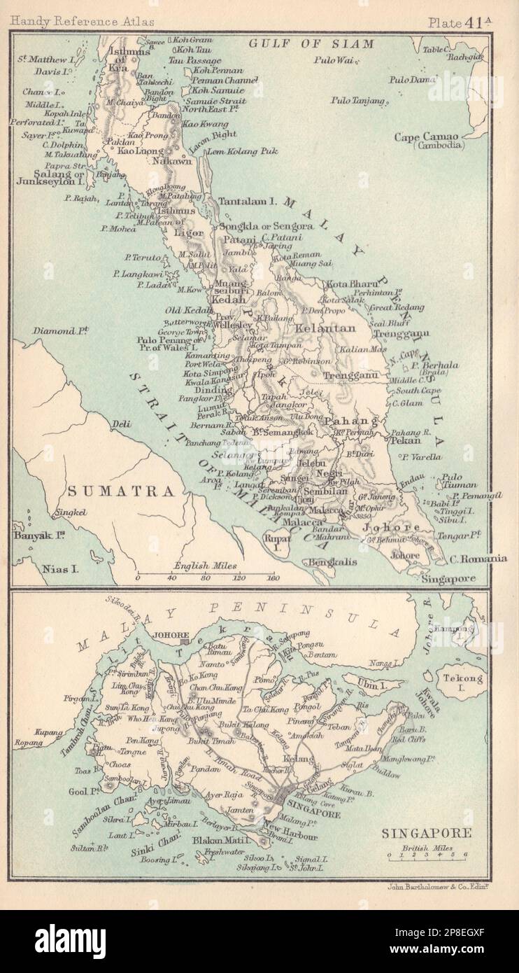 Malay Peninsula & Singapore island. Malaysia. BARTHOLOMEW 1898 old antique map Stock Photo