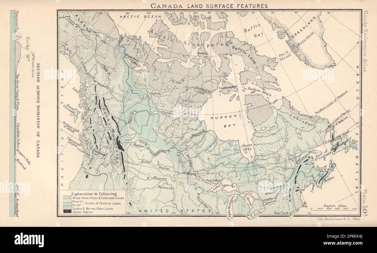 Canada - Land Surface Features. Section across Canada. BARTHOLOMEW 1898 map Stock Photo