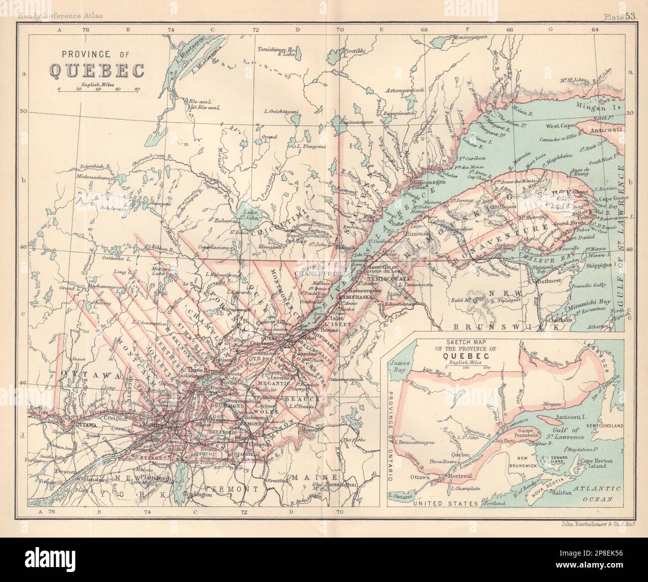 Province of Quebec. Canada. BARTHOLOMEW 1898 old antique map plan chart Stock Photo