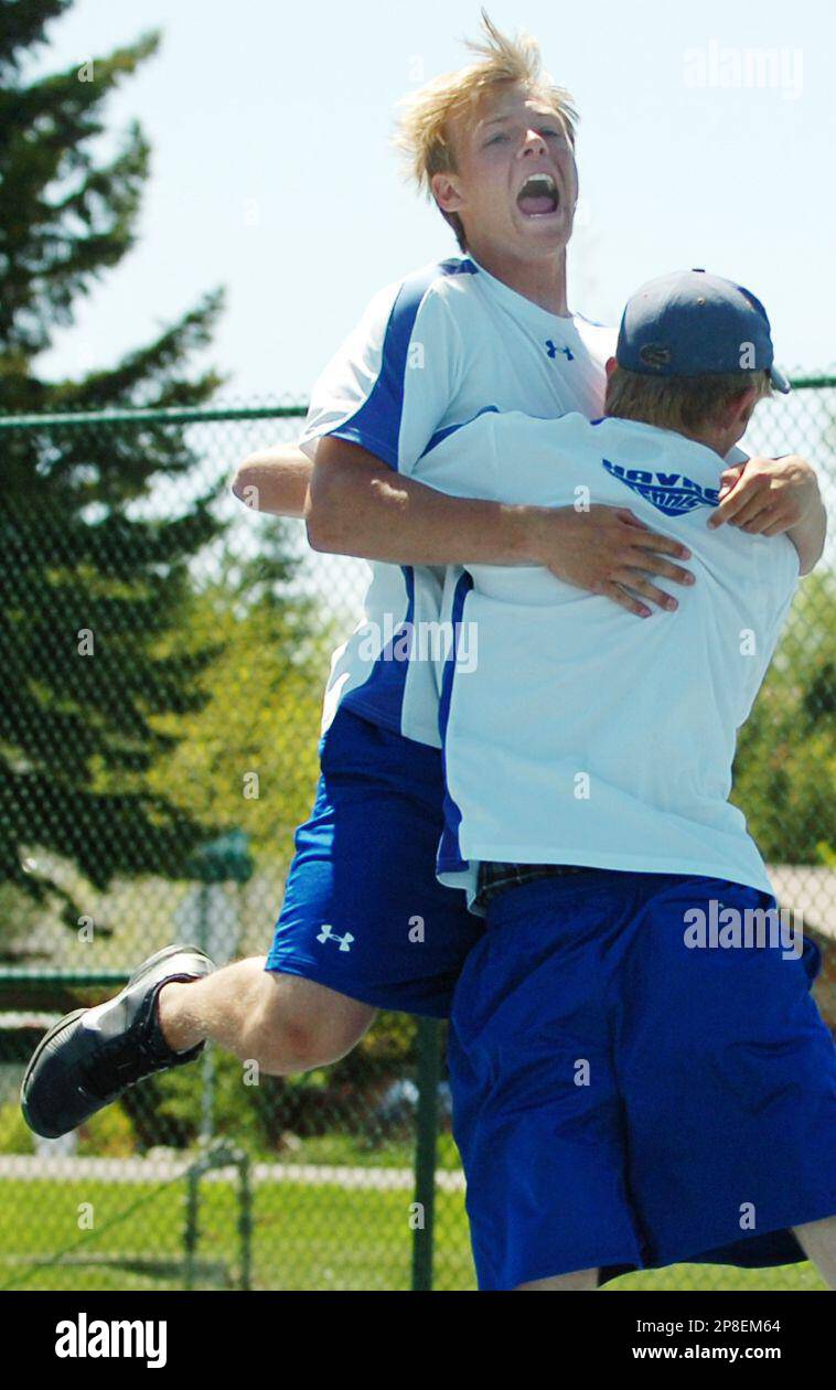 Mason Sheppard celebrates with Kyle Miller after winning the State Tennis  Doubles Championship in a tiebreaker at the State Tennis Tournament in  Kalispell, Mont. on Friday, May 22, 2009. (AP Photo/Daily Inter