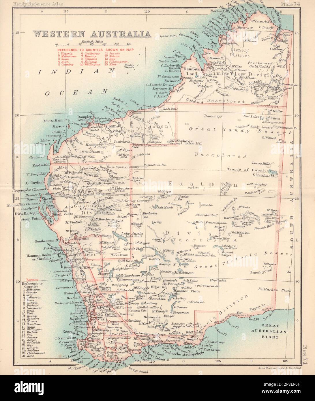 Western Australia state map showing goldfields. BARTHOLOMEW 1898 Stock Photo