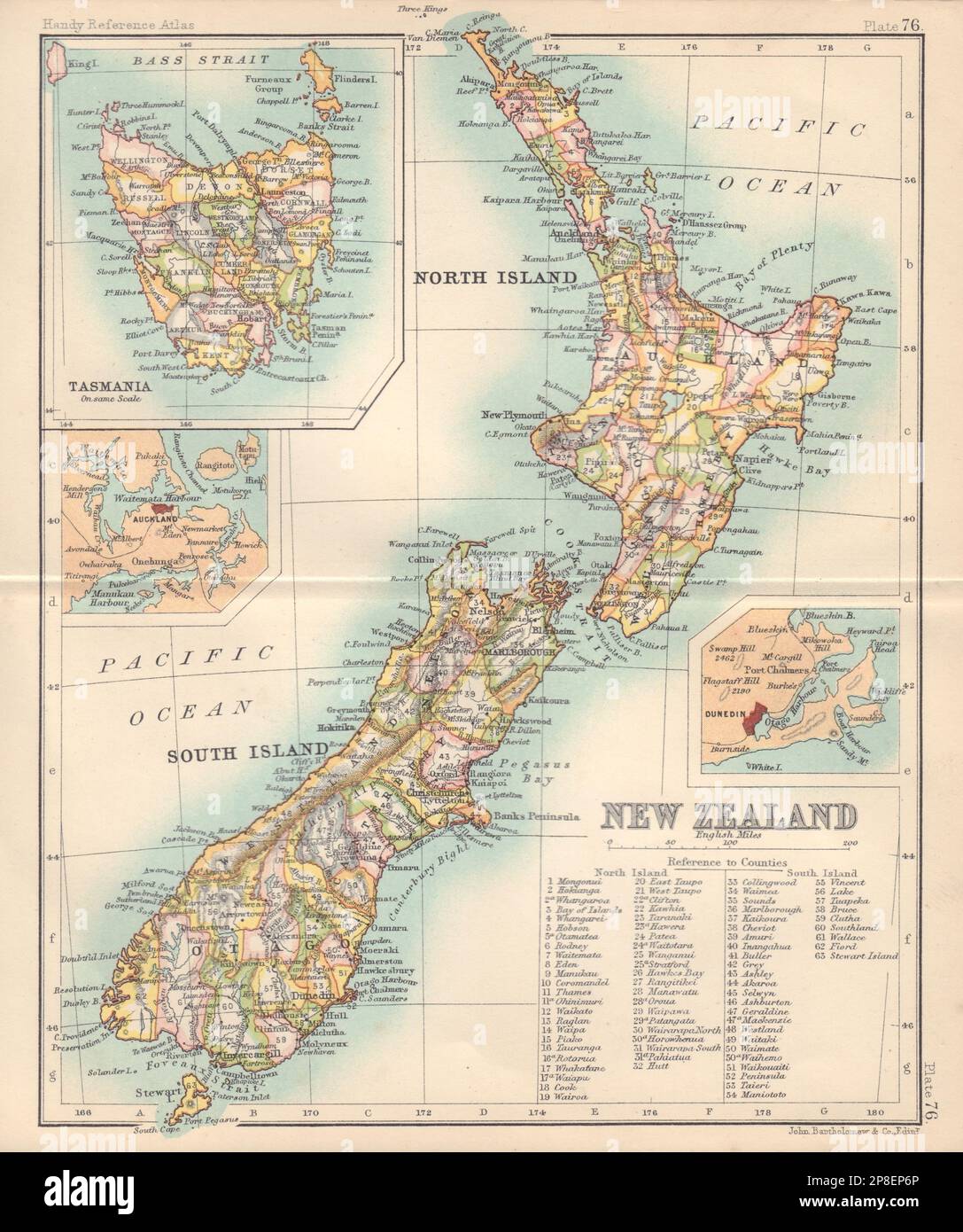 New Zealand showing counties. Inset Tasmania Auckland Dunedin 1898 old map Stock Photo
