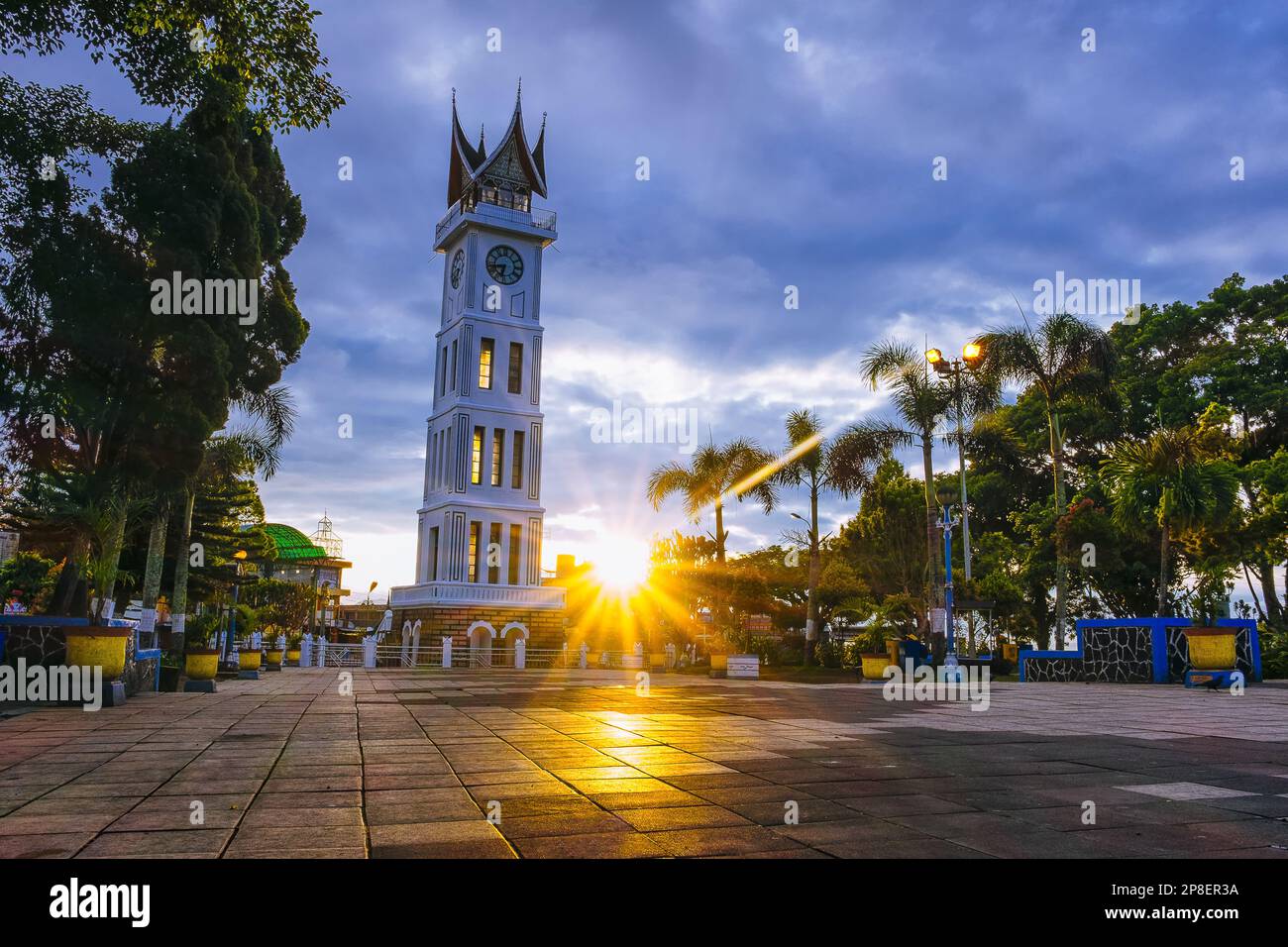 Jam Gadang clock tower at dusk, Bukittinggi, West Sumatra, Indonesia Stock Photo