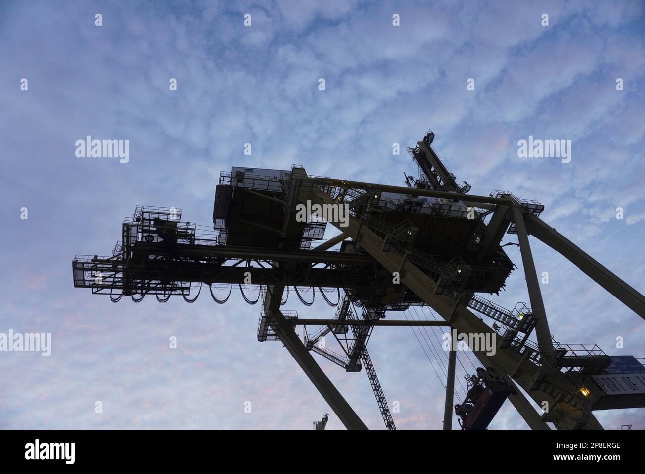 heavy equipment container lifter at the port in the evening Stock Photo
