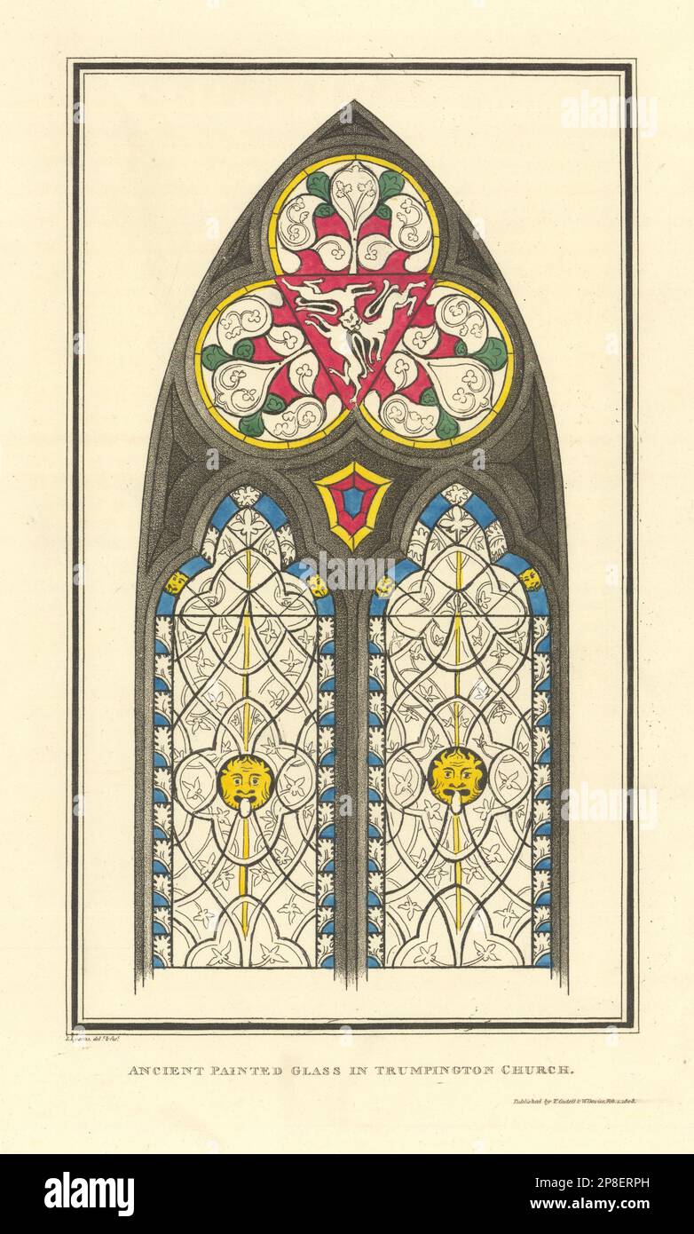 Ancient painted glass in Trumpington Church. LYSONS 1810 old antique print Stock Photo