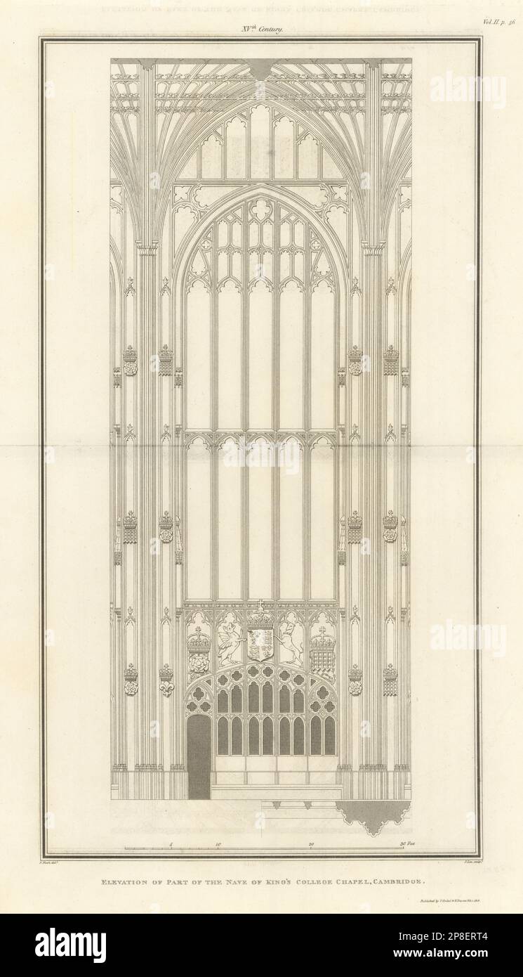 Elevation of part of the nave of King's College Chapel in Cambridge. NASH 1810 Stock Photo