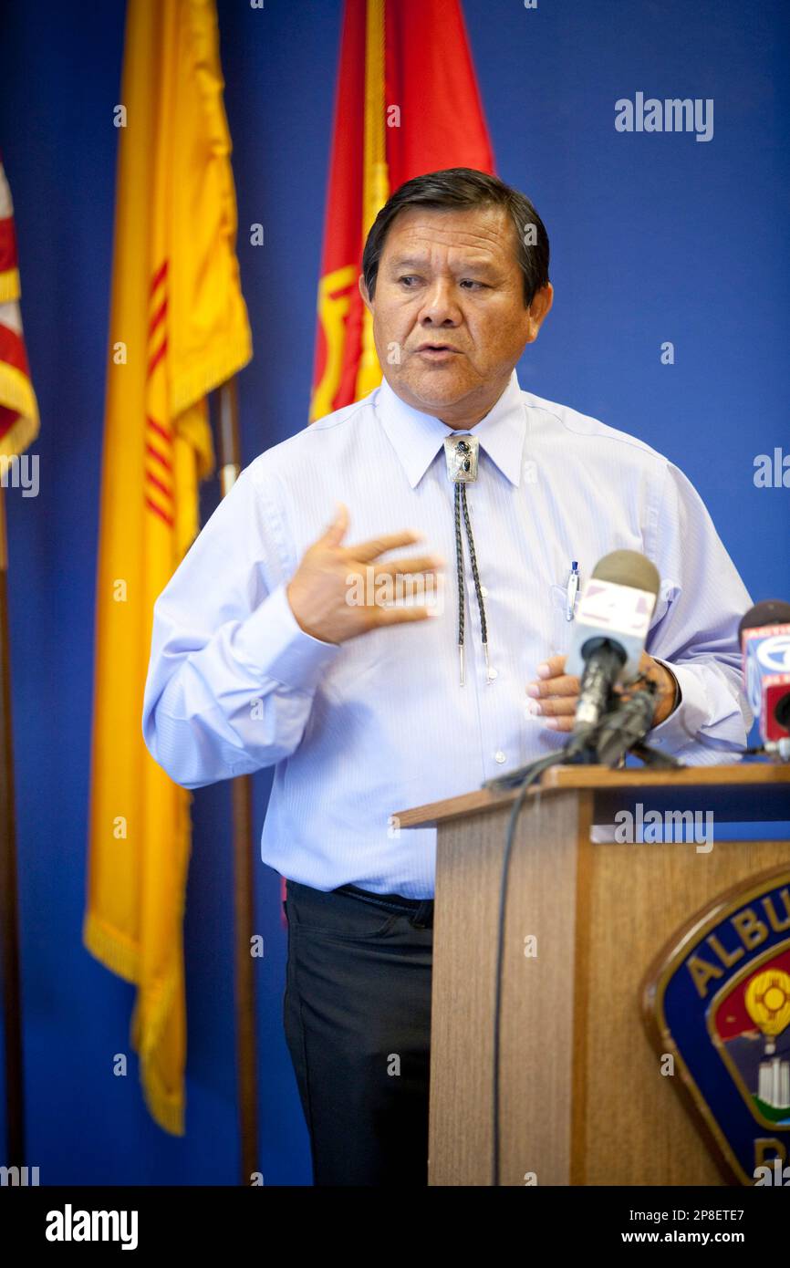 Governor of Zia Pueblo Ivan Pino speaks during a press conference where the arrest of Tiffany
