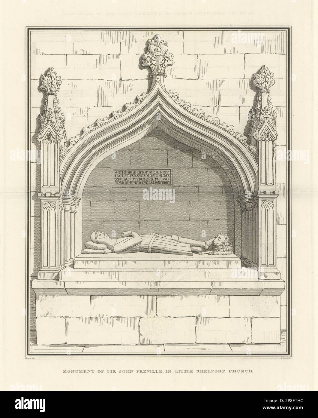 Monument of Sir John de Freville in Little Shelford Church. LYSONS 1810 print Stock Photo