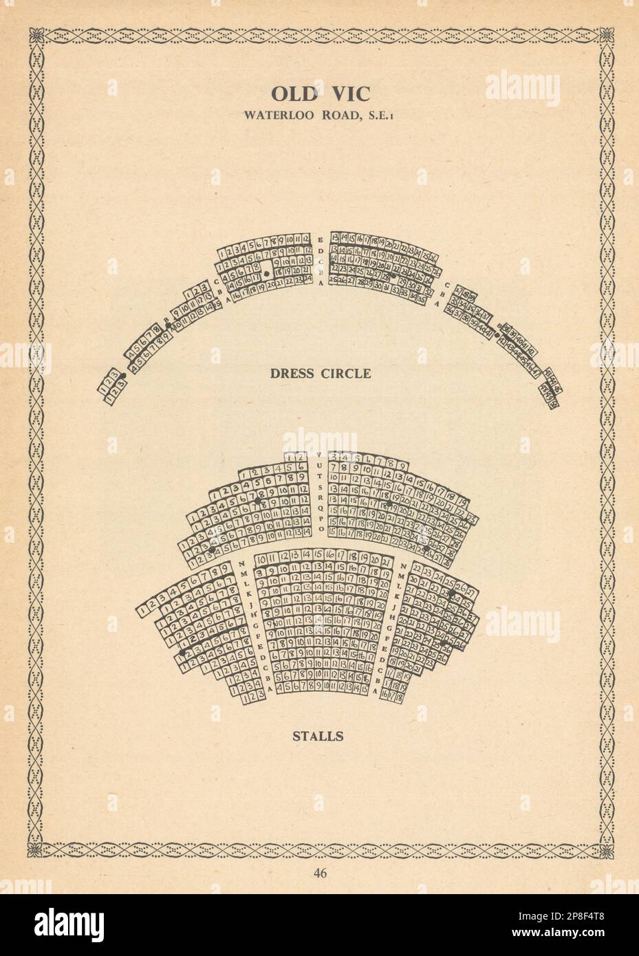 Old Vic Theatre, Waterloo Road, London. Vintage seating plan 1960 print Stock Photo