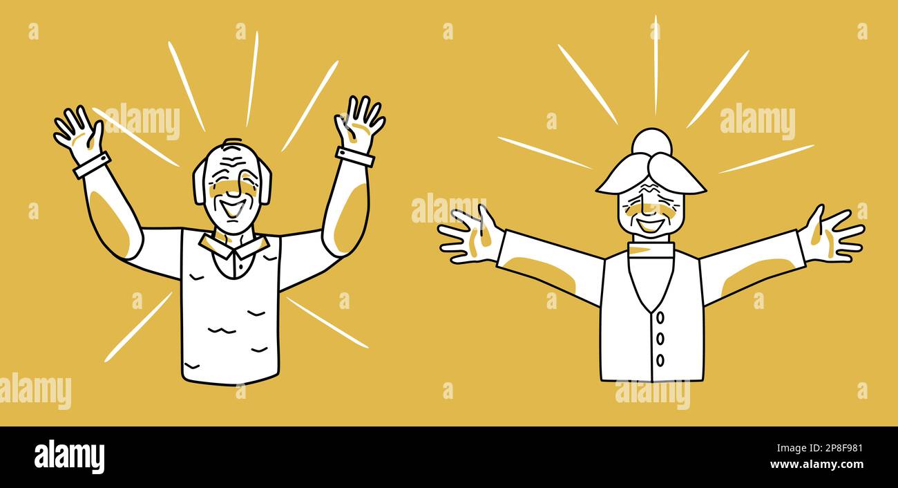 Happy old man and woman, emotion of happiness, orange and white. Pleasure and satisfaction of grandmother and grandfather, open their arms. Half body Stock Vector