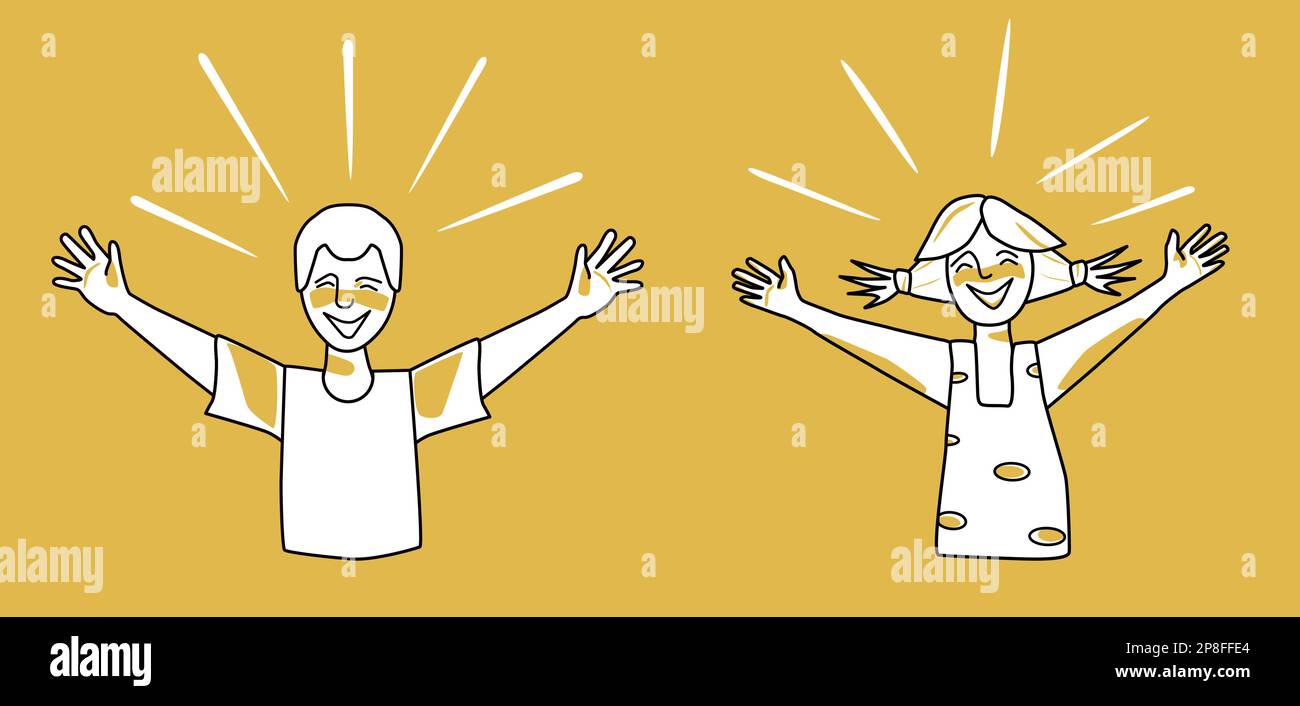 Happy boy and girl, emotion of happiness, orange and white. Pleasure and satisfaction, open their arms. Half body sketch style line drawing. Stock Vector