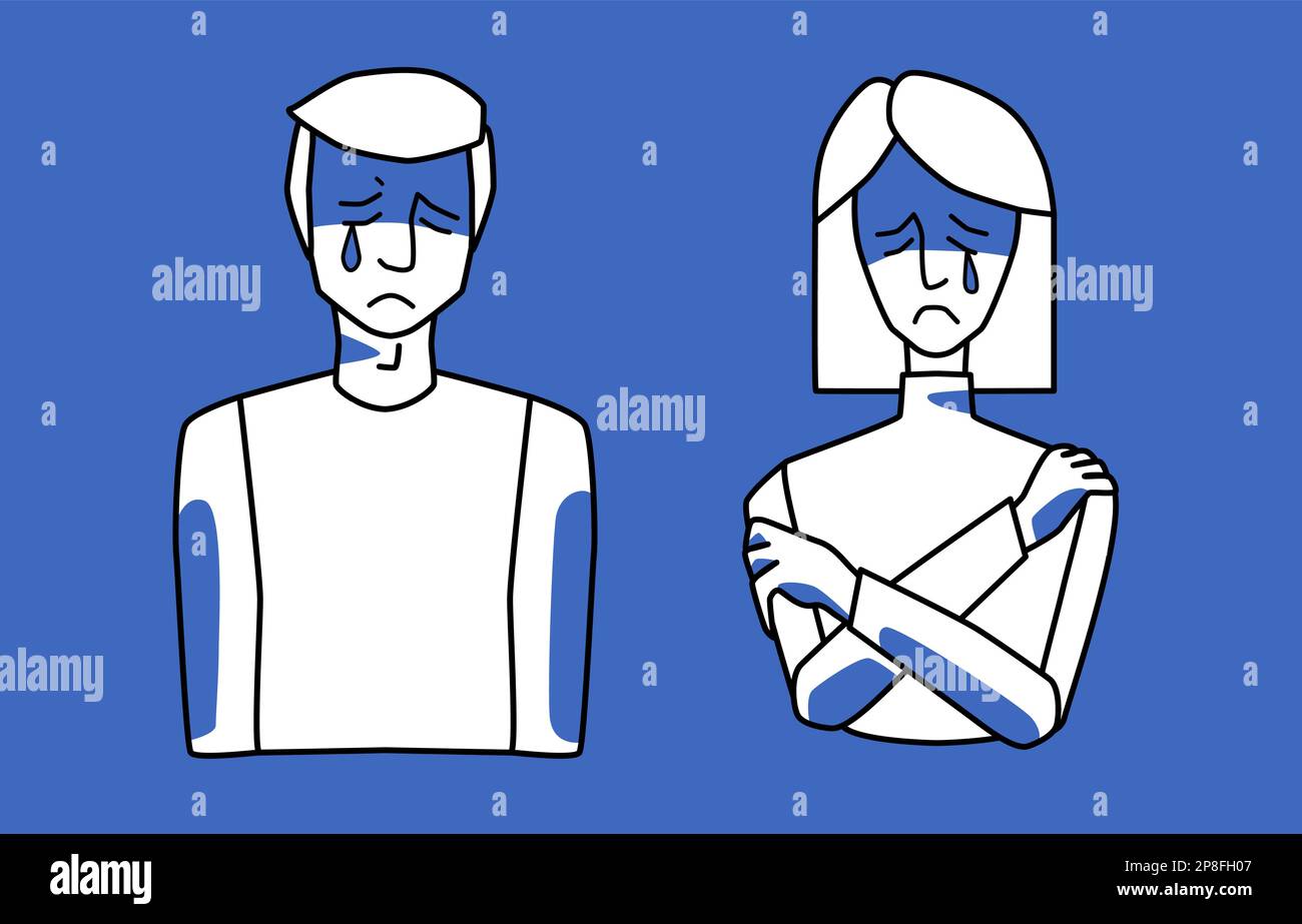 Sad crying man and woman, blue and white, emotion of sorrow, melancholy of husband and wife. Line art, half body hand drawn sketch style. Stock Vector