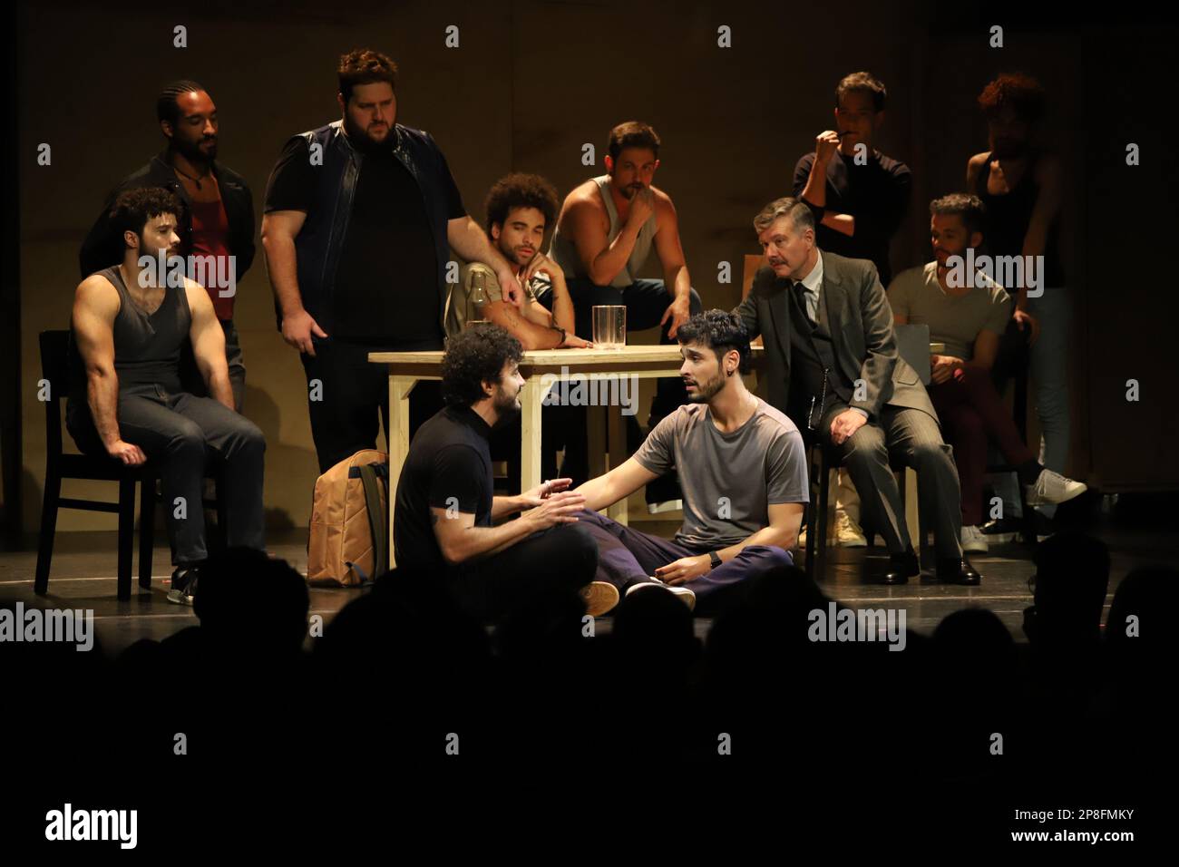 March 9, 2023, Sao Paulo, Sao Paulo, Brasil: (INT) Open Rehearsal of the play Ã¢â‚¬Å“The Inheritance.Ã¢â‚¬Â March 08, Sao Paulo, Brazil: Open rehearsal of the play 'A Heranca', meaning Ã¢â‚¬Å“The InheritanceÃ¢â‚¬Â at Teatro Vivo, in Sao Paulo, on Wednesday (08) on display on Thursday(9). Actor Bruno Fagundes and director Ze Henrique de Paula are the creators and producers of the project, which also feature Reynaldo Gianecchini, Marco Antonio Pamio, Rafael Primot and Andre Torquato in the lead roles, in addition to a special appearance by Miriam Mehler. The montage puts on the agenda a discus Stock Photo